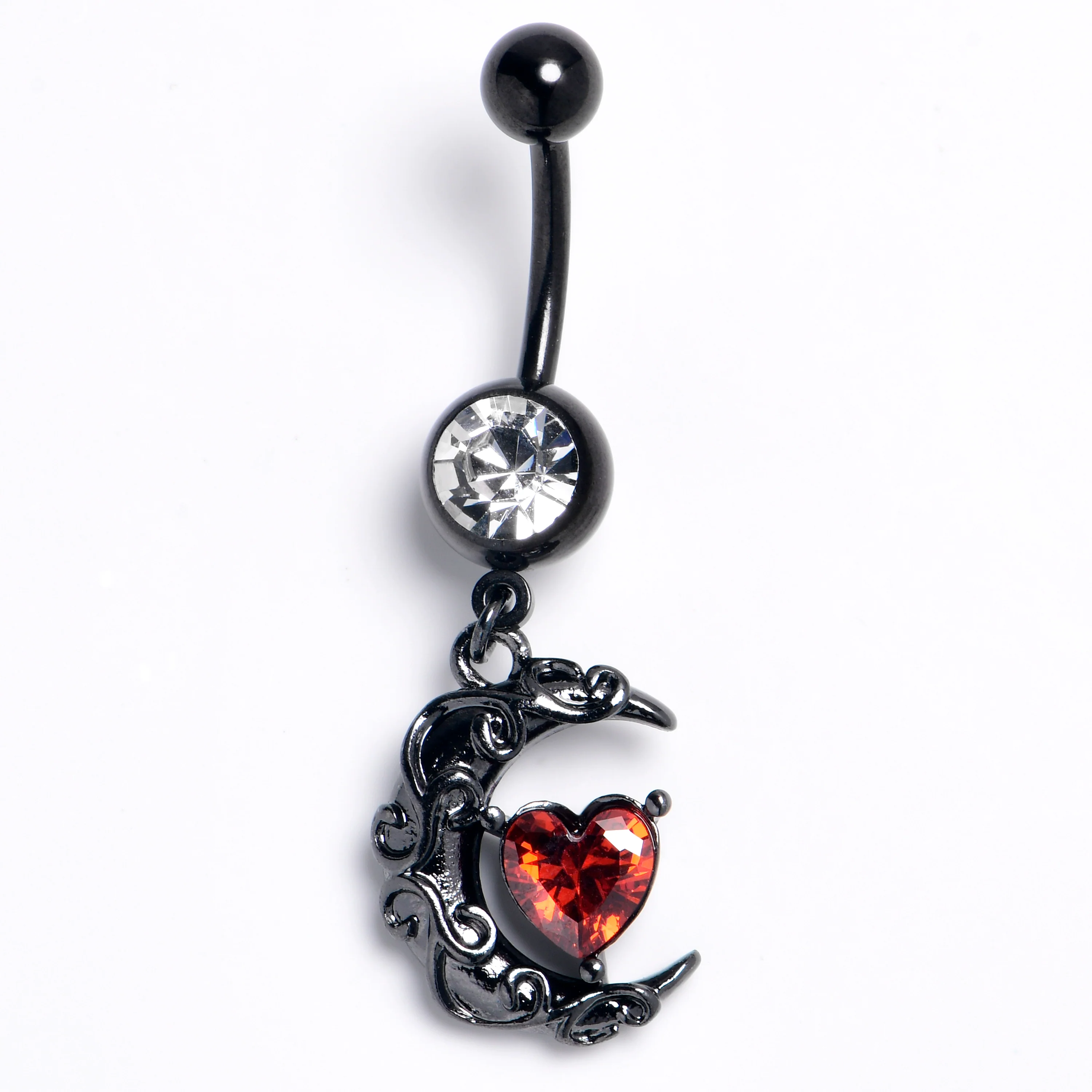 Clear Red Gem Black Heart Scroll Moon Dangle Belly Ring