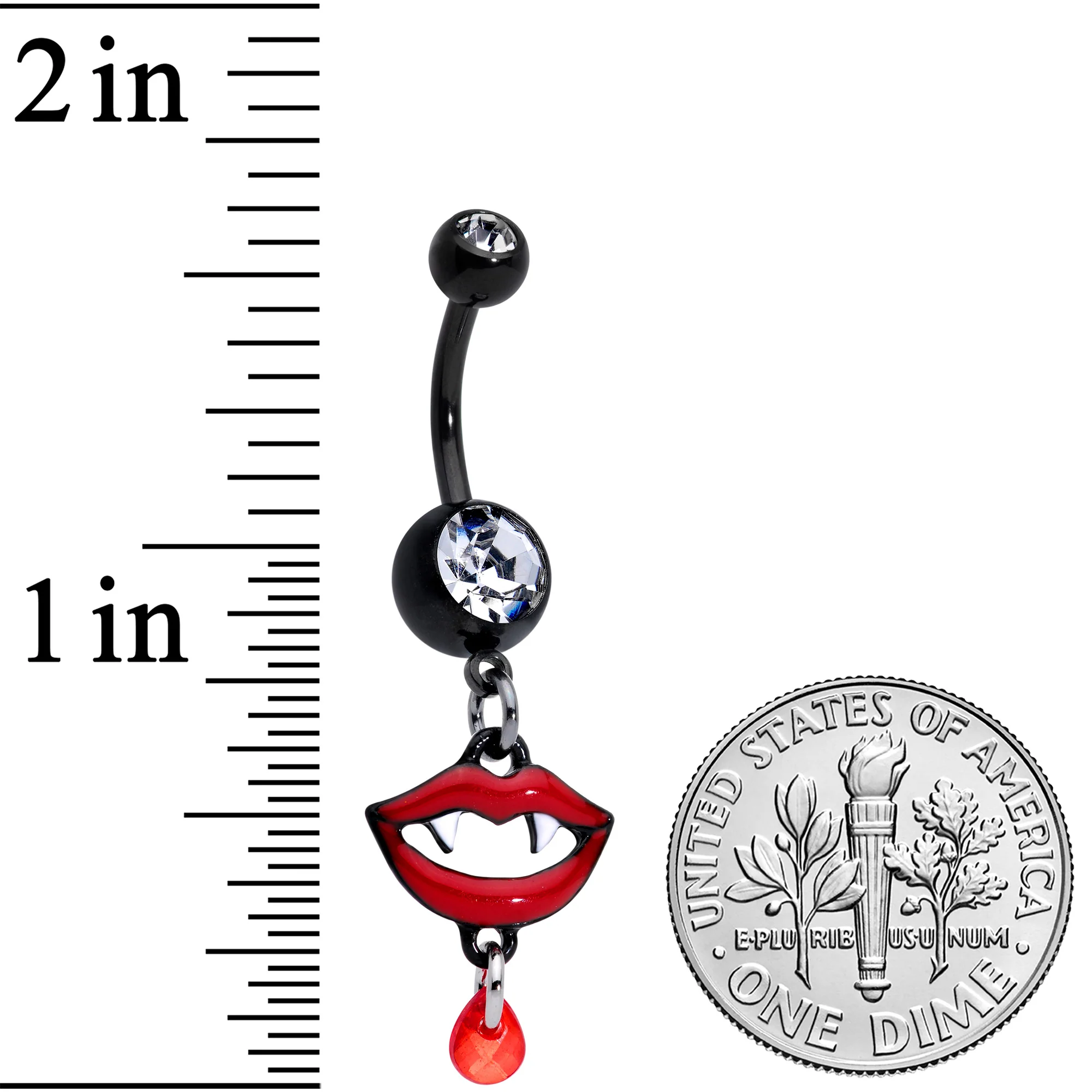 Clear Red Gem Black Vampire Fang Halloween Dangle Belly Ring Set of 2 - Image 4