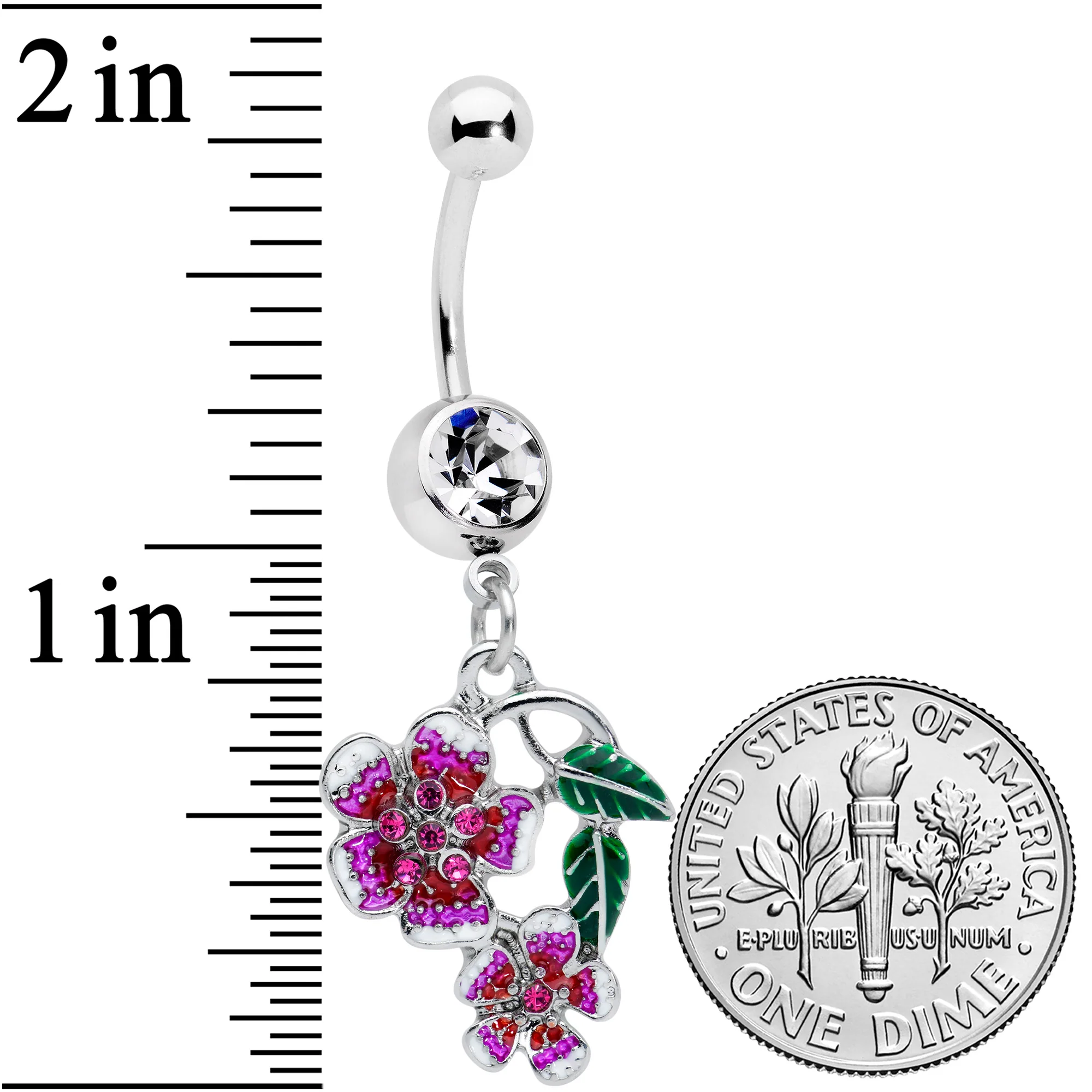 Clear Red Gem Flower in Flower Dangle Belly Ring - Image 2