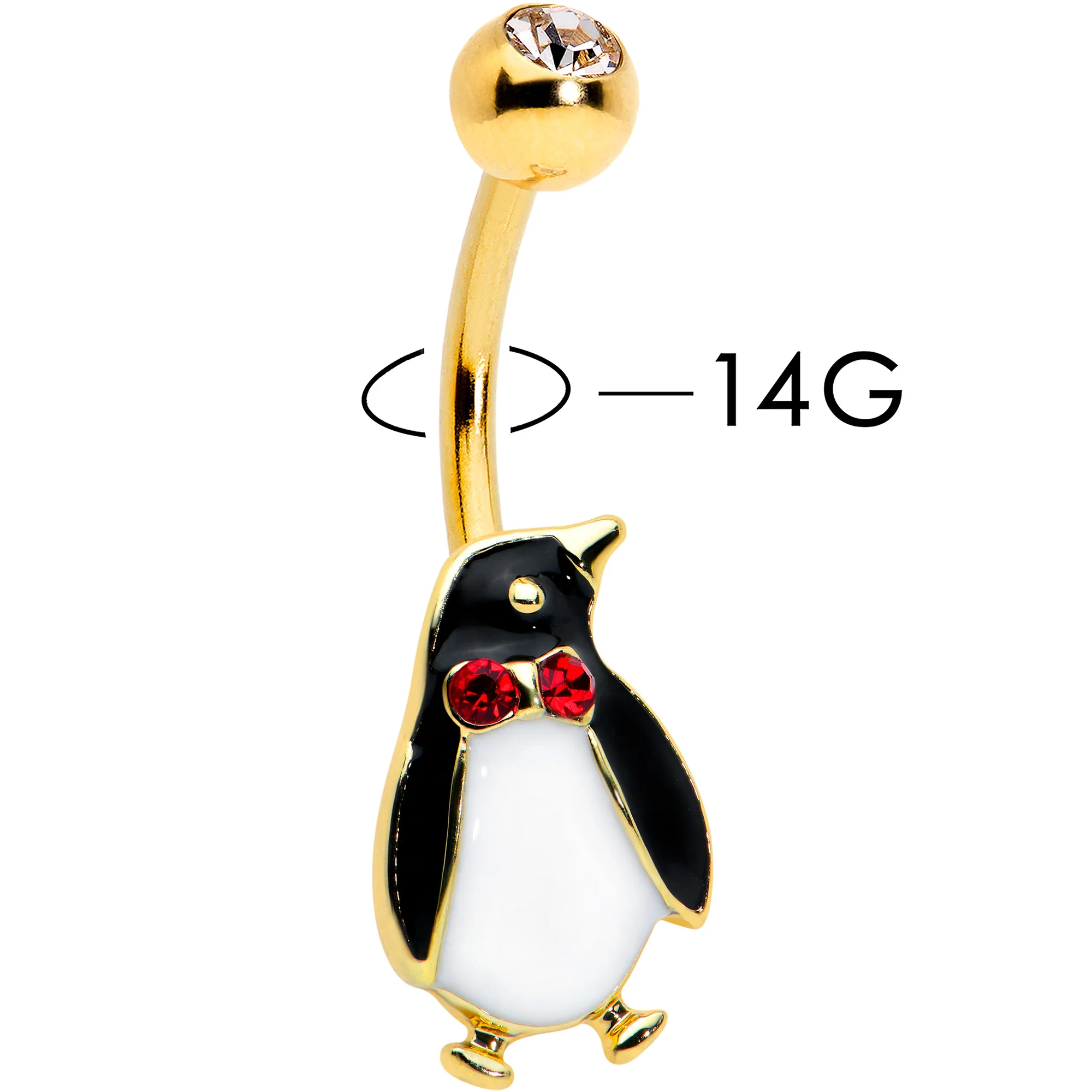 Clear Red Gem Gold Tone Bow Tie Penguin Holiday Belly Ring - Image 2