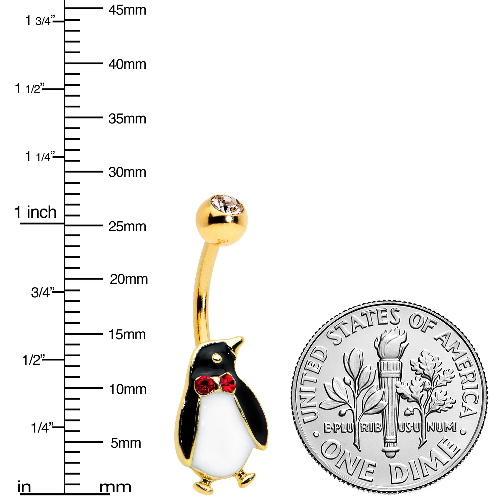 Clear Red Gem Gold Tone Bow Tie Penguin Holiday Belly Ring - Image 3