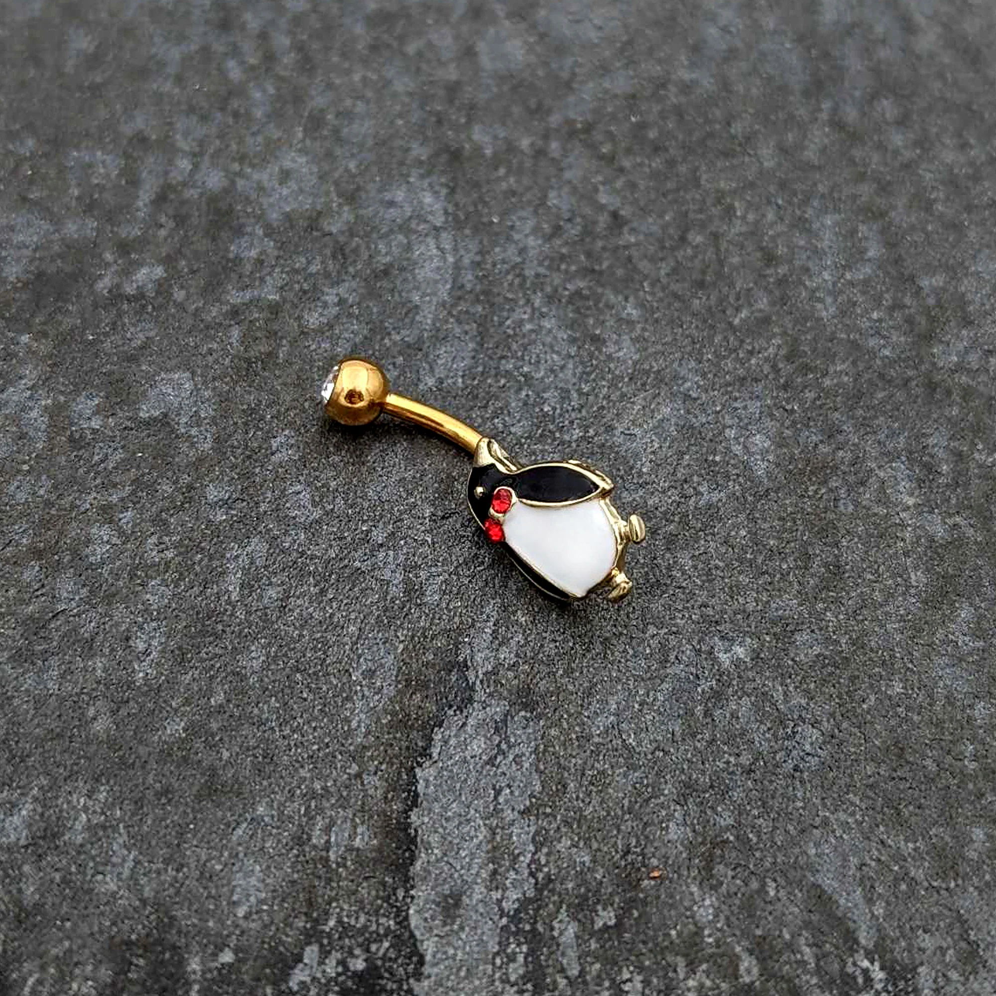 Clear Red Gem Gold Tone Bow Tie Penguin Holiday Belly Ring - Image 4