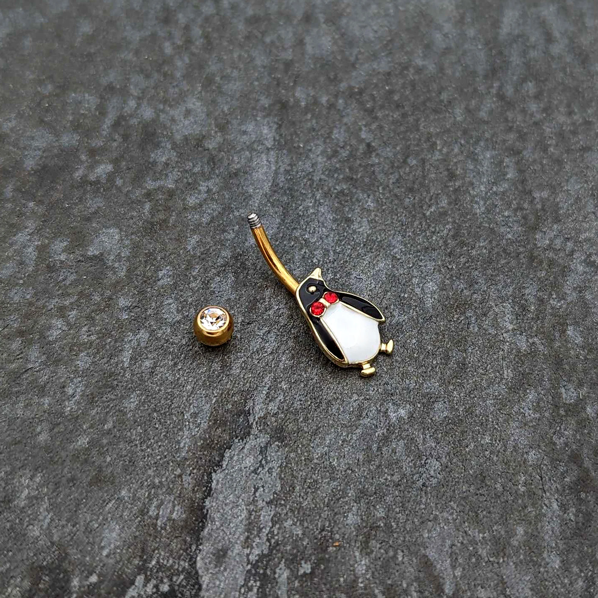 Clear Red Gem Gold Tone Bow Tie Penguin Holiday Belly Ring - Image 5
