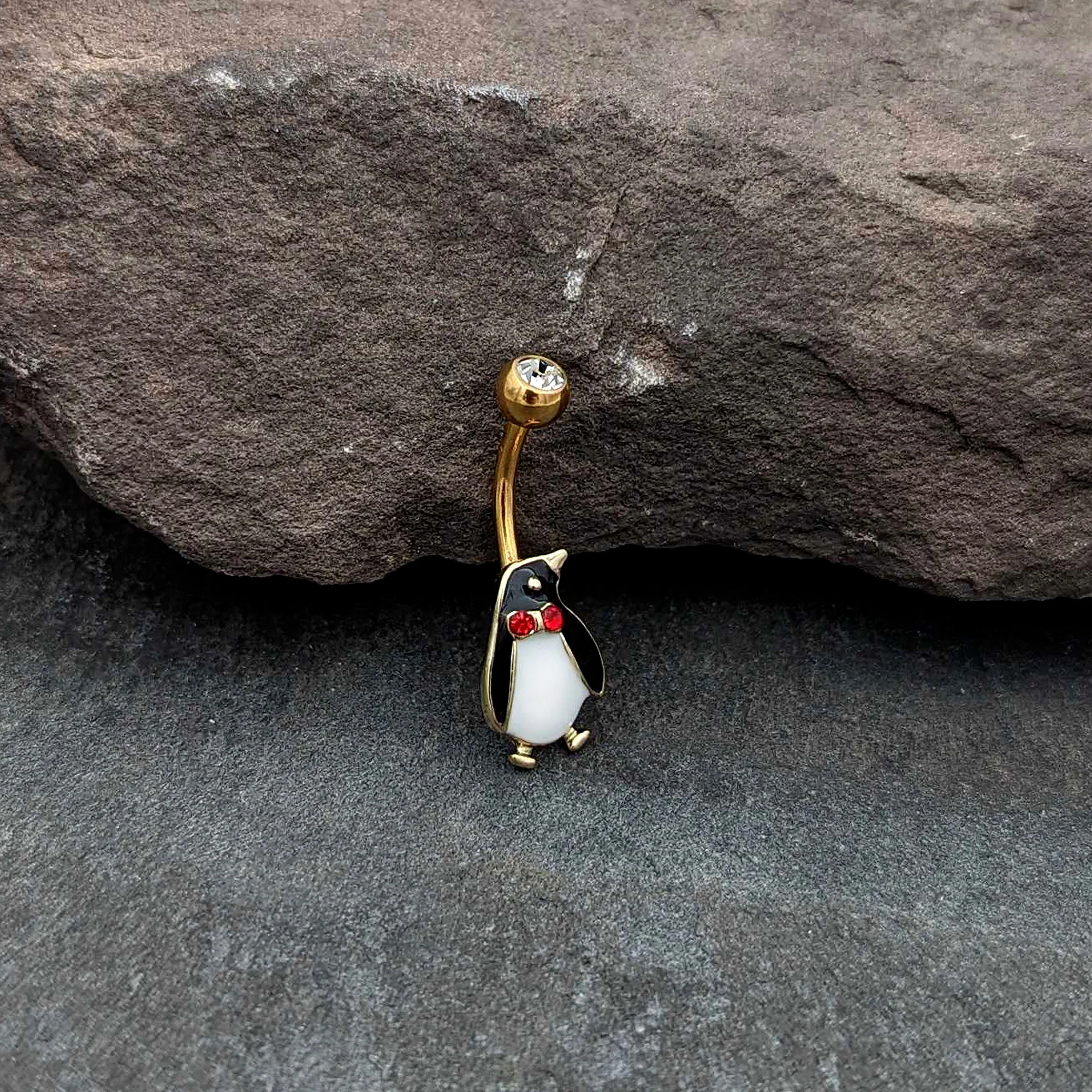 Clear Red Gem Gold Tone Bow Tie Penguin Holiday Belly Ring - Image 6