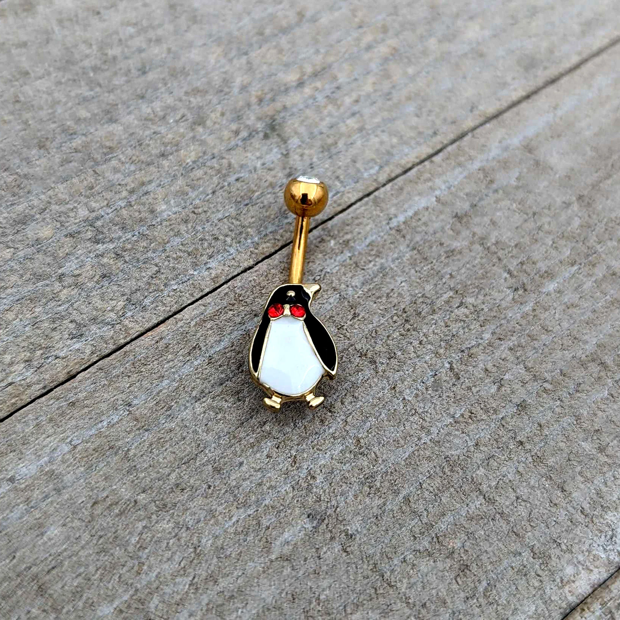 Clear Red Gem Gold Tone Bow Tie Penguin Holiday Belly Ring - Image 7