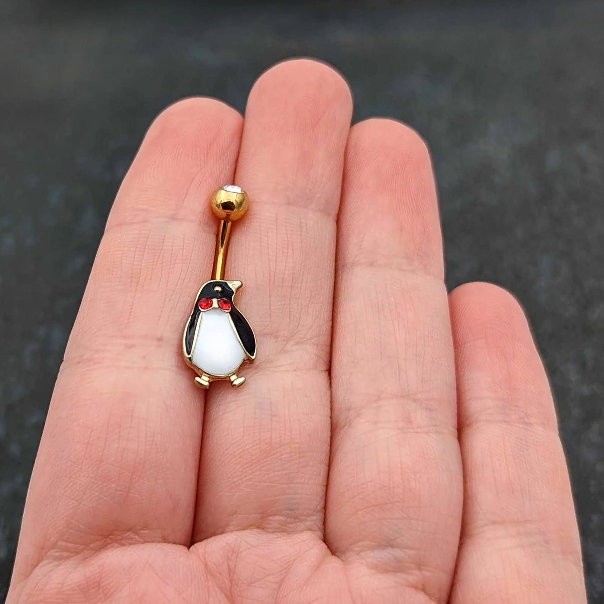 Clear Red Gem Gold Tone Bow Tie Penguin Holiday Belly Ring - Image 8