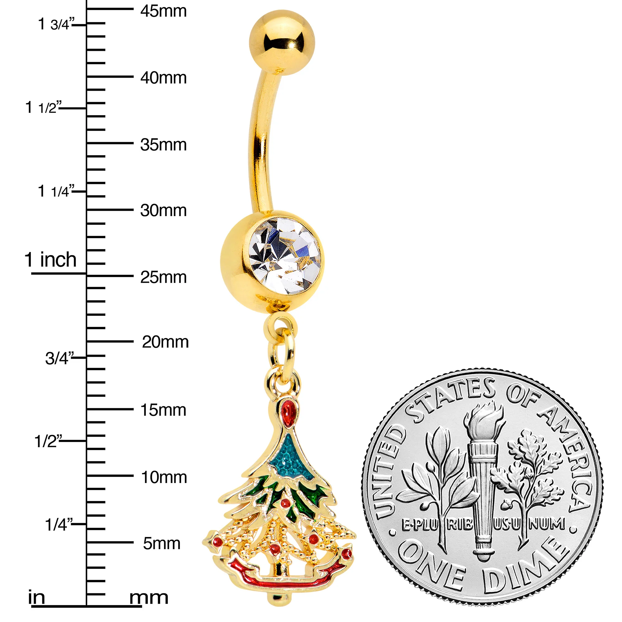 Clear Red Gem Gold Tone Decorated Holiday Tree Dangle Belly Ring - Image 2