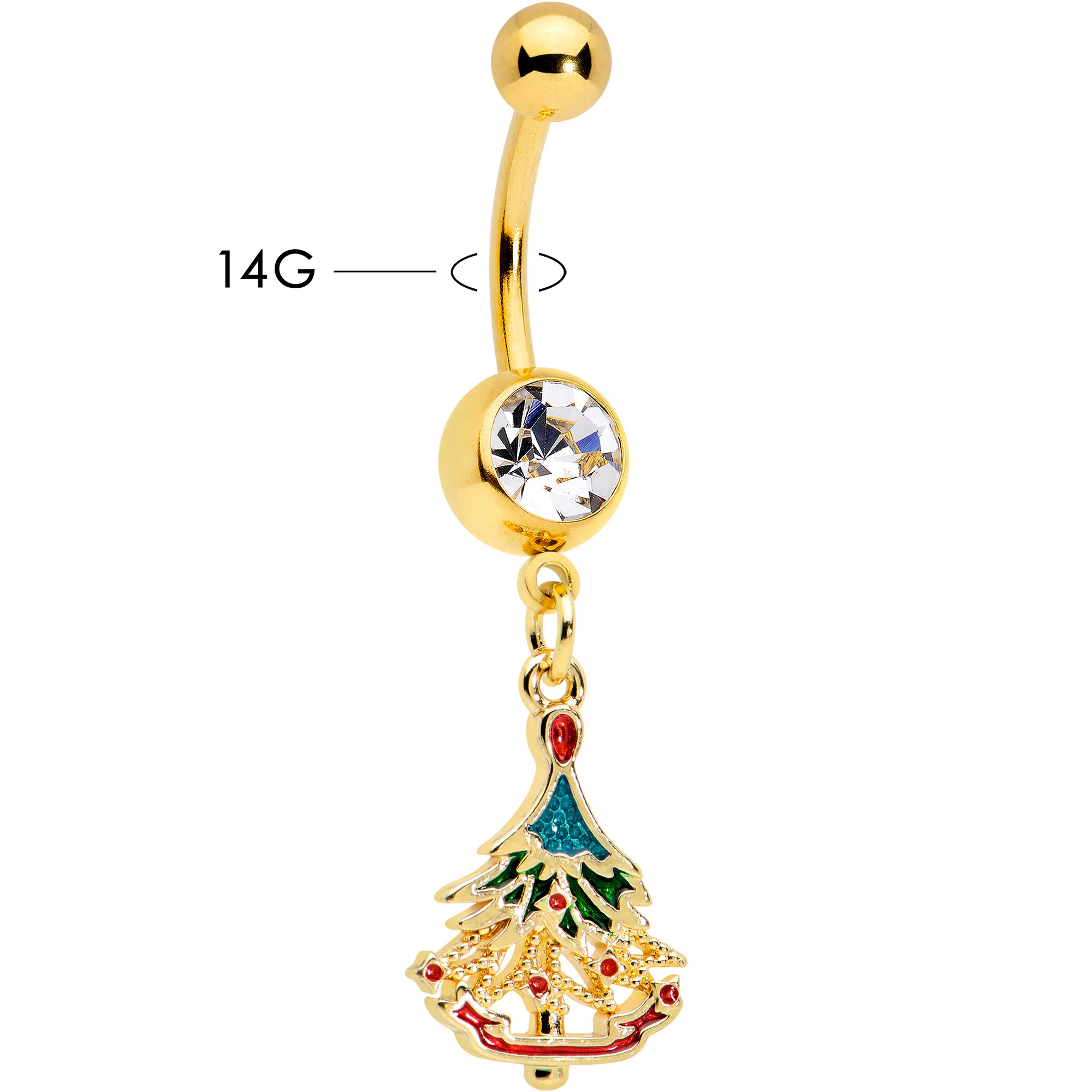Clear Red Gem Gold Tone Decorated Holiday Tree Dangle Belly Ring - Image 3