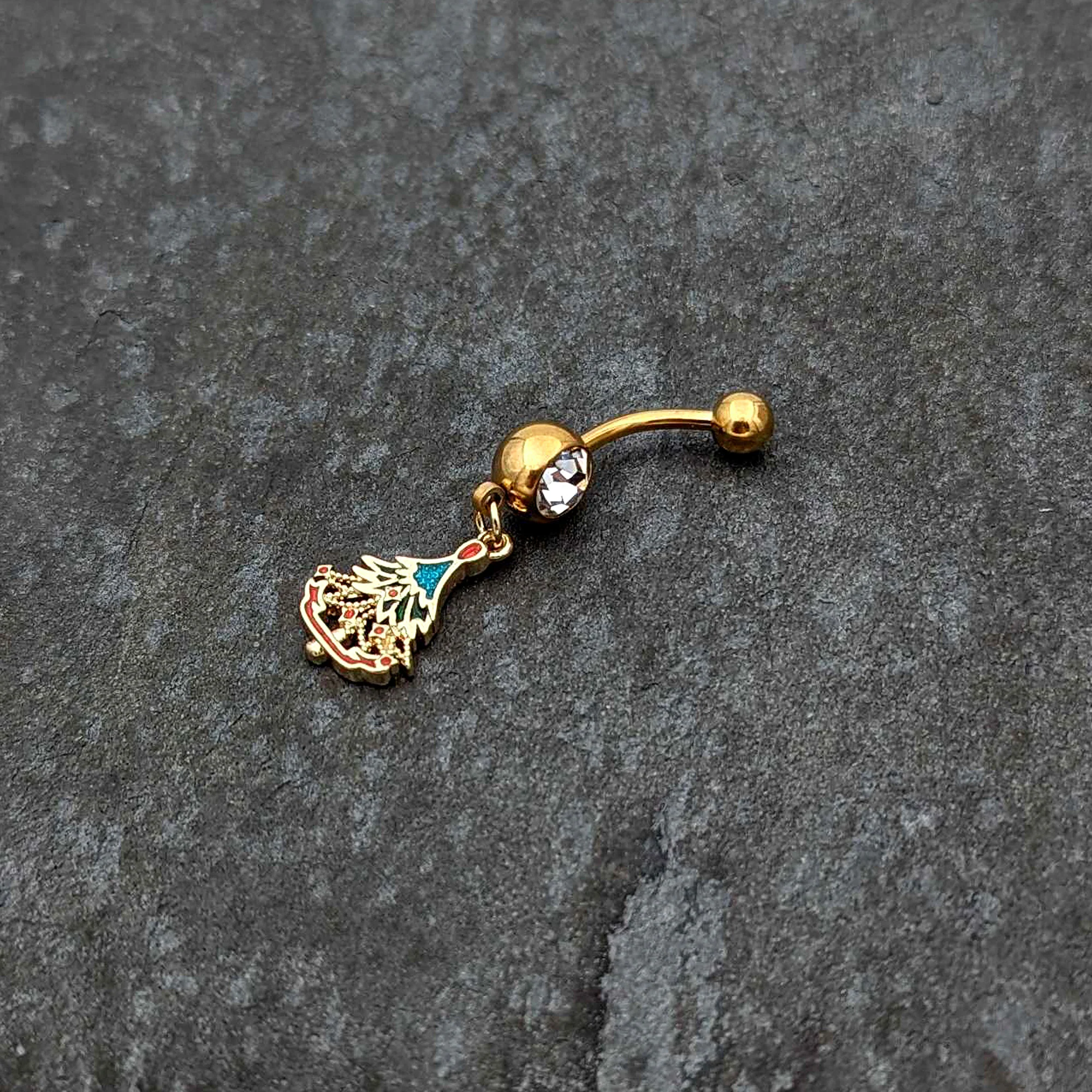 Clear Red Gem Gold Tone Decorated Holiday Tree Dangle Belly Ring - Image 4