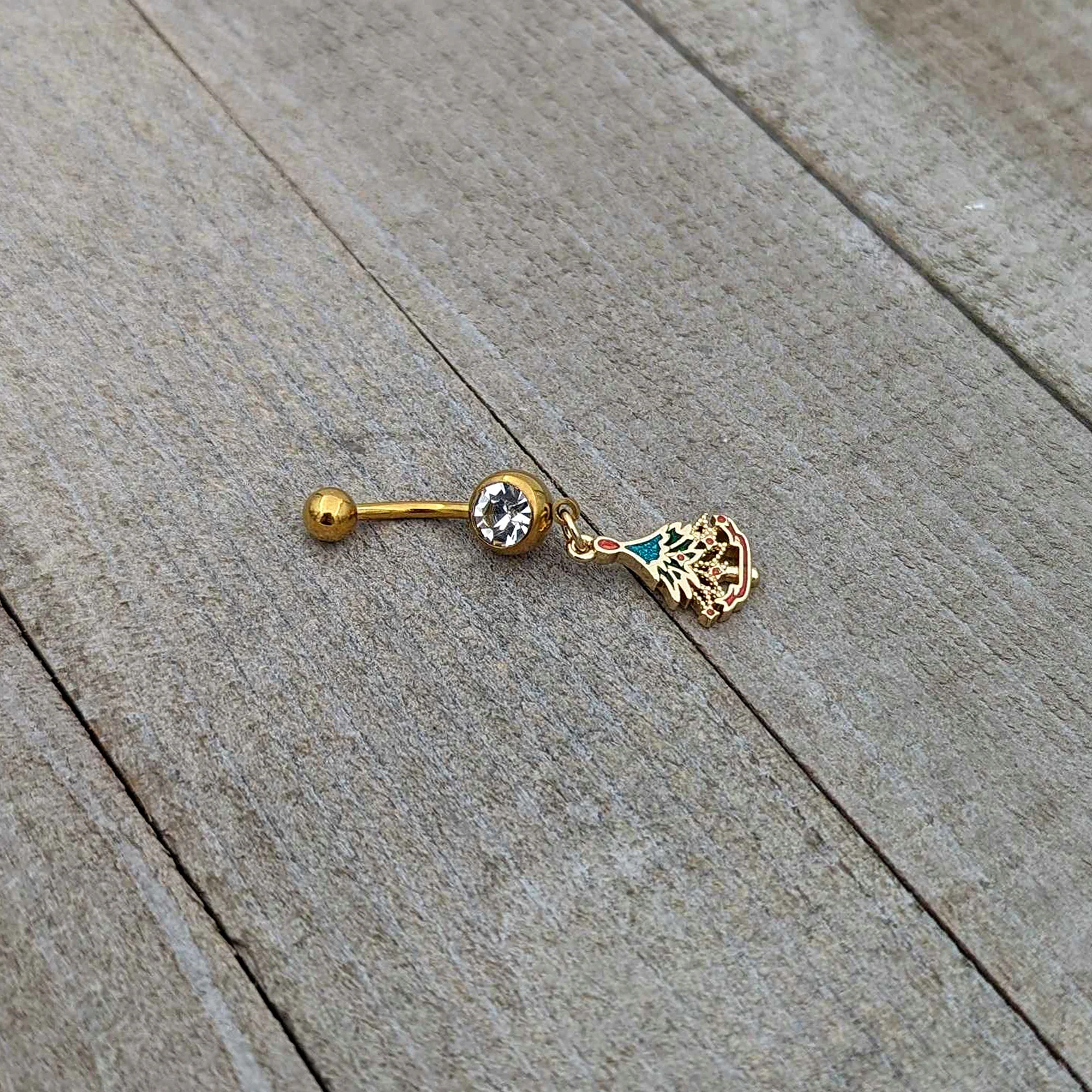 Clear Red Gem Gold Tone Decorated Holiday Tree Dangle Belly Ring - Image 5