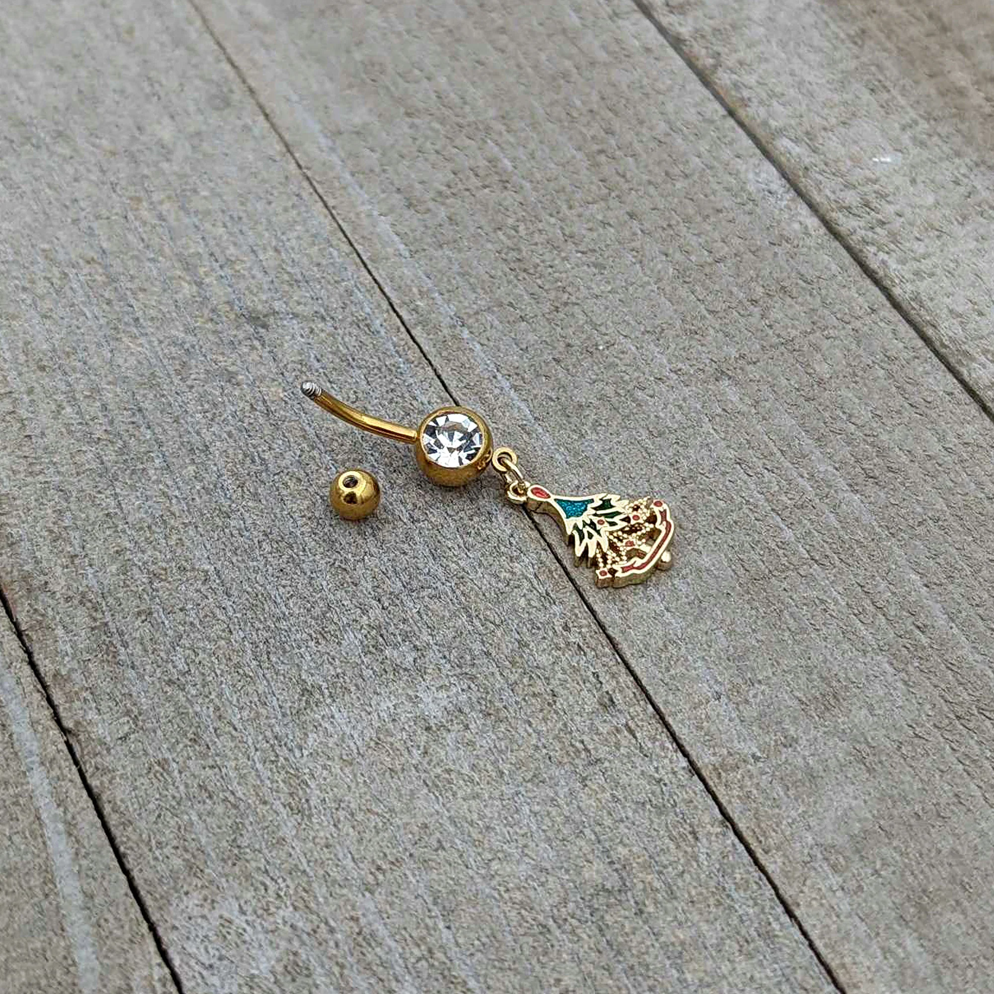 Clear Red Gem Gold Tone Decorated Holiday Tree Dangle Belly Ring - Image 6