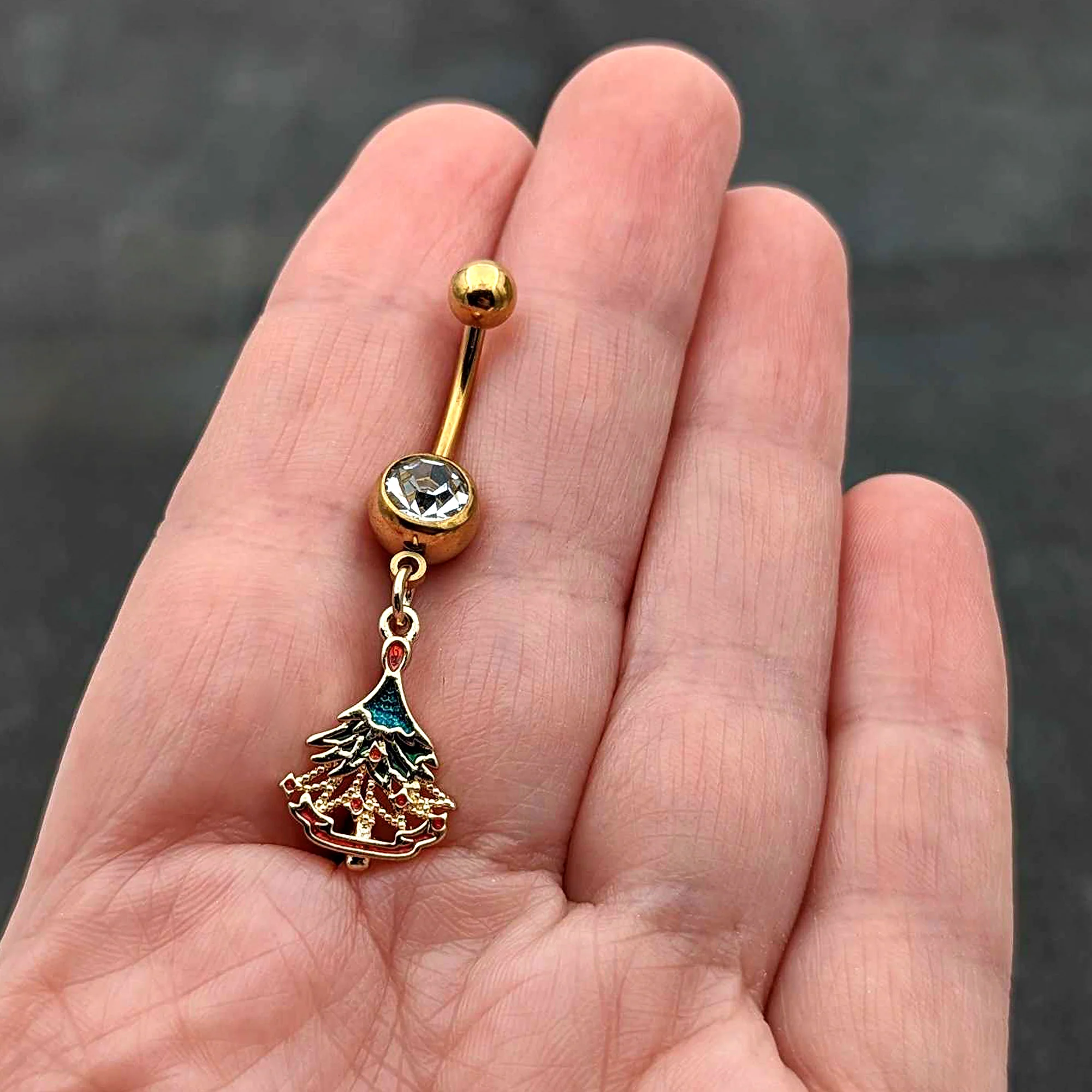 Clear Red Gem Gold Tone Decorated Holiday Tree Dangle Belly Ring - Image 7