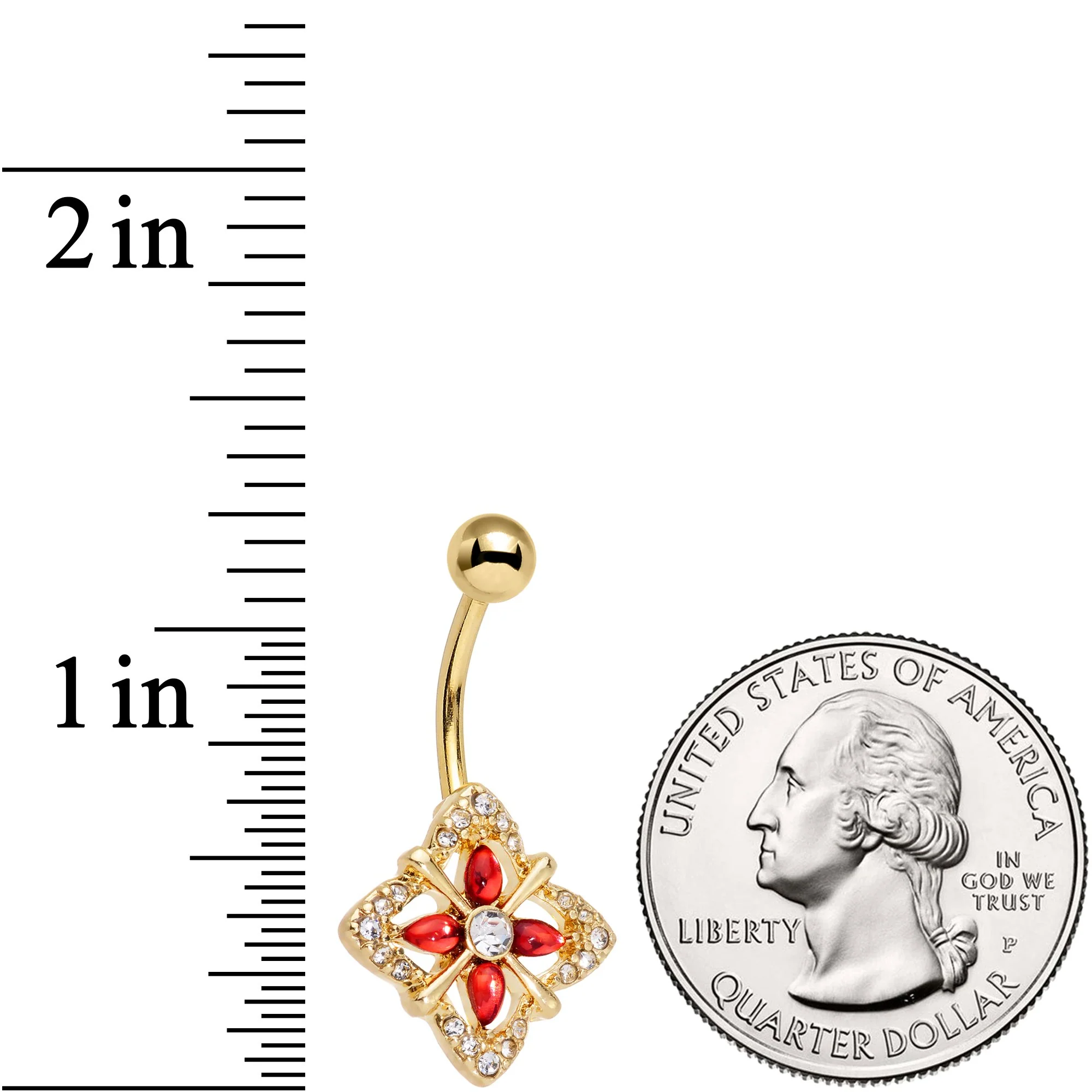 Clear Red Gem Gold Tone Geometric Harmony Belly Ring - Image 2
