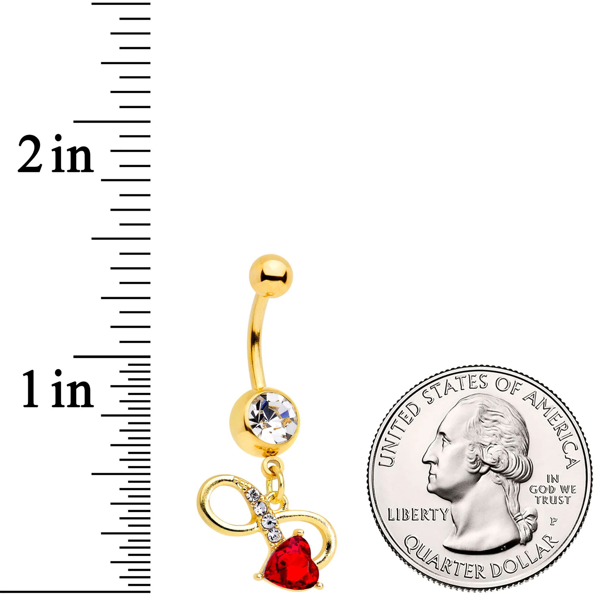 Clear Red Gem Gold Tone Treble Clef Dangle Belly Ring - Image 2