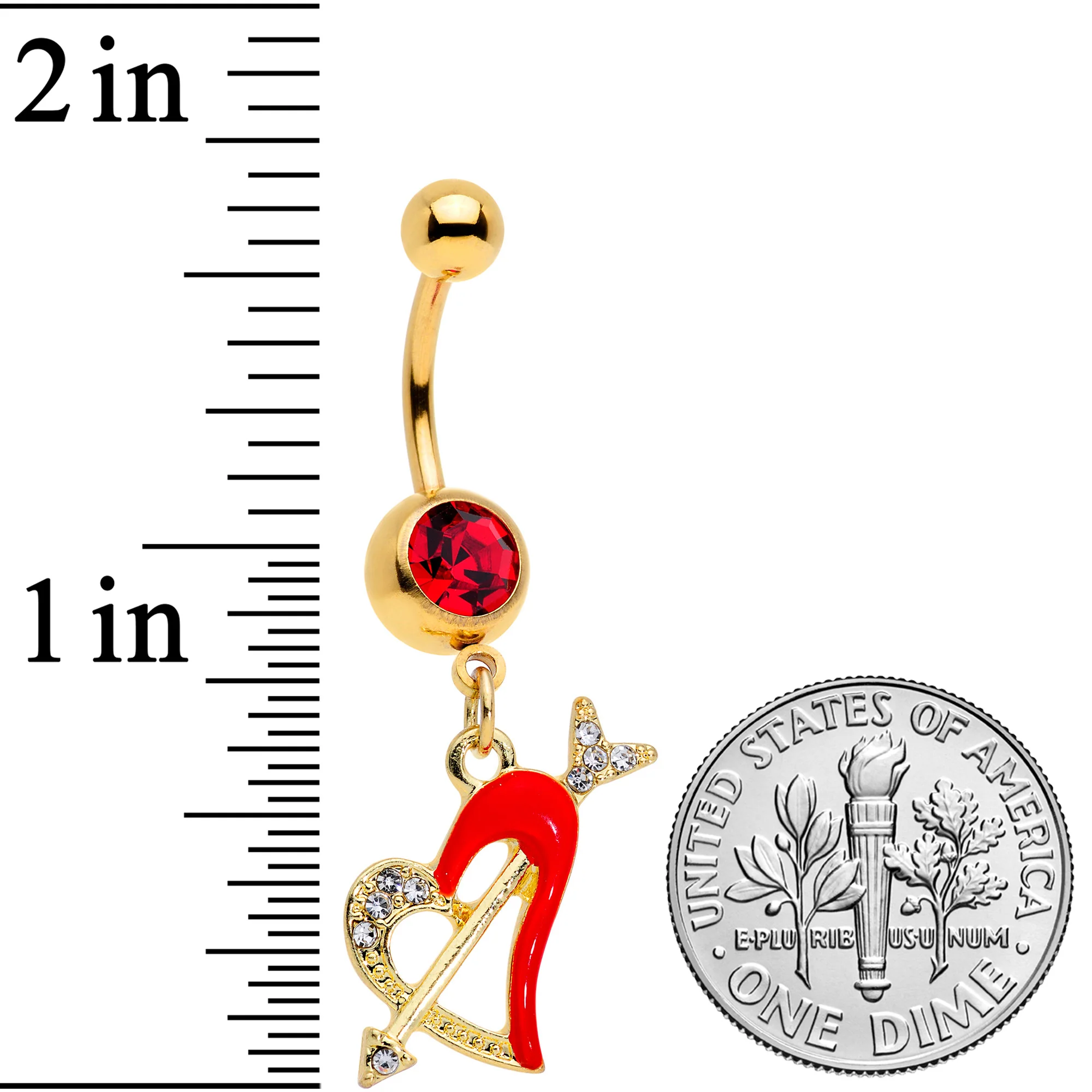 Clear Red Gem Gold Tone Valentine Heart Dangle Belly Ring - Image 3