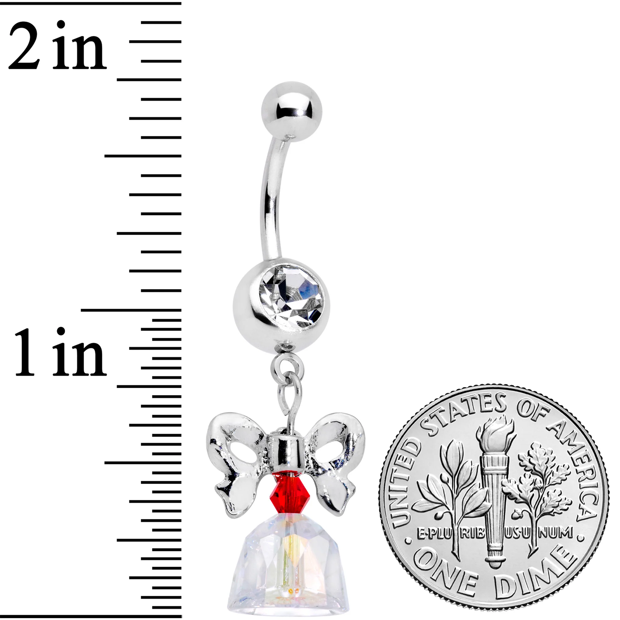 Clear Red Gem Holiday Bow Bell Christmas Dangle Belly Ring - Image 2