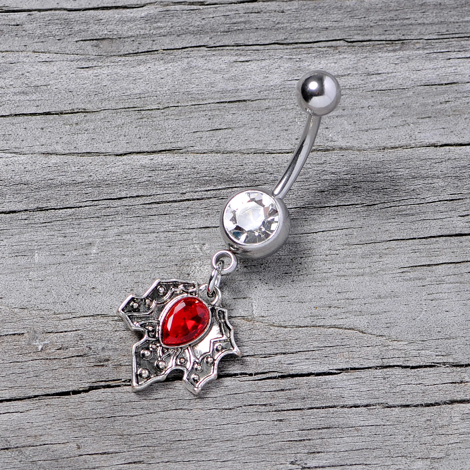Clear Red Gem Holiday Holly Leaf Christmas Dangle Belly Ring - Image 5