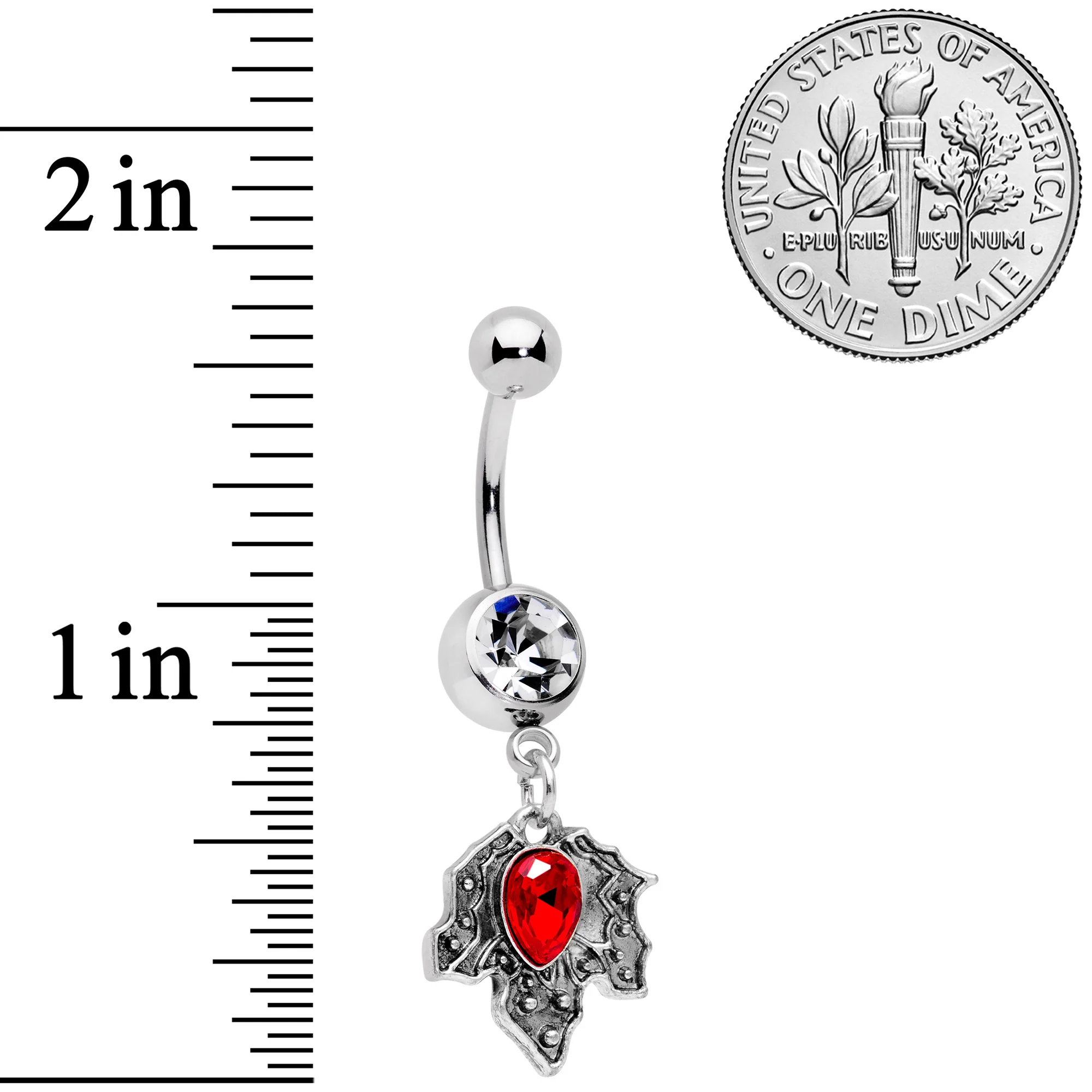 Clear Red Gem Holiday Holly Leaf Christmas Dangle Belly Ring - Image 6
