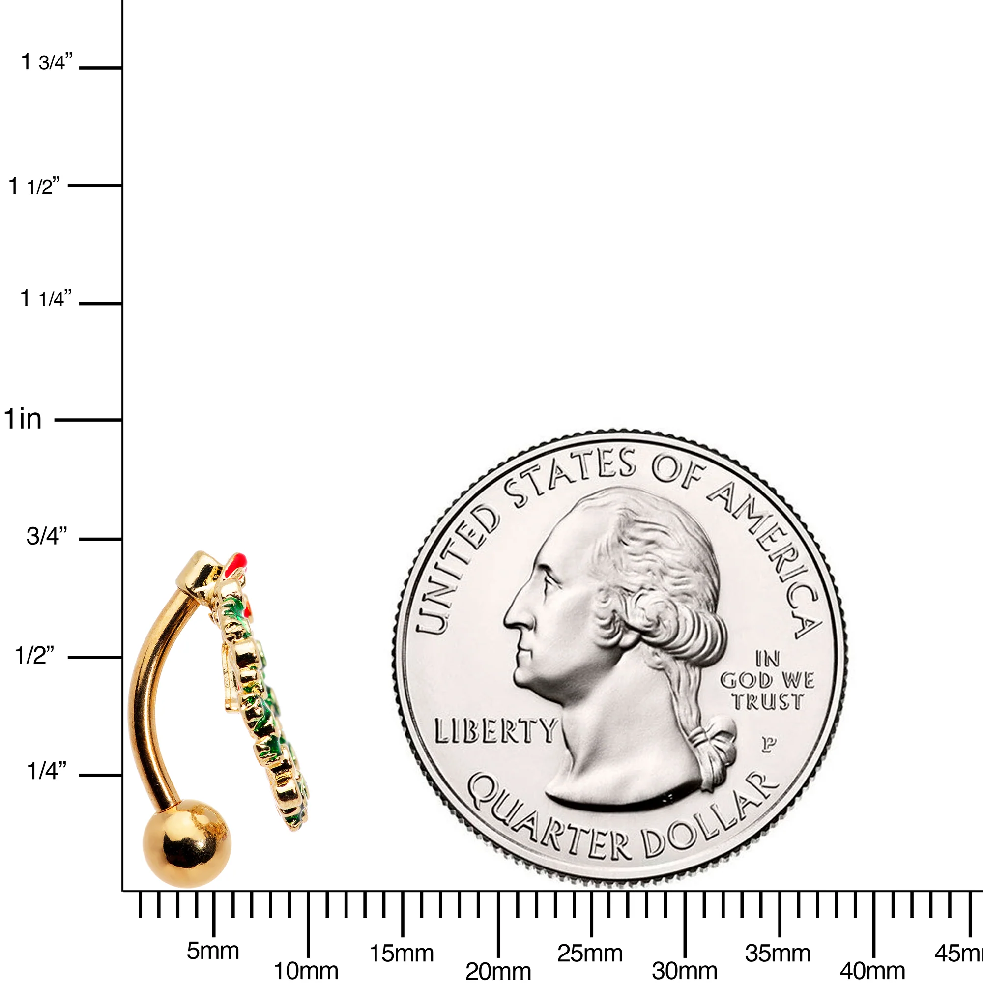 Clear Red Gem Holiday Wreath Bell Christmas Top Mount Belly Ring - Image 3