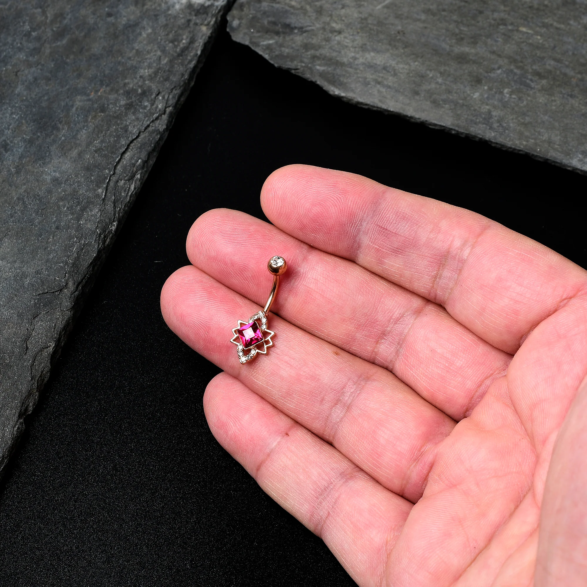 Clear Red Gem Rose Gold Tone Octagram Star Belly Ring - Image 2