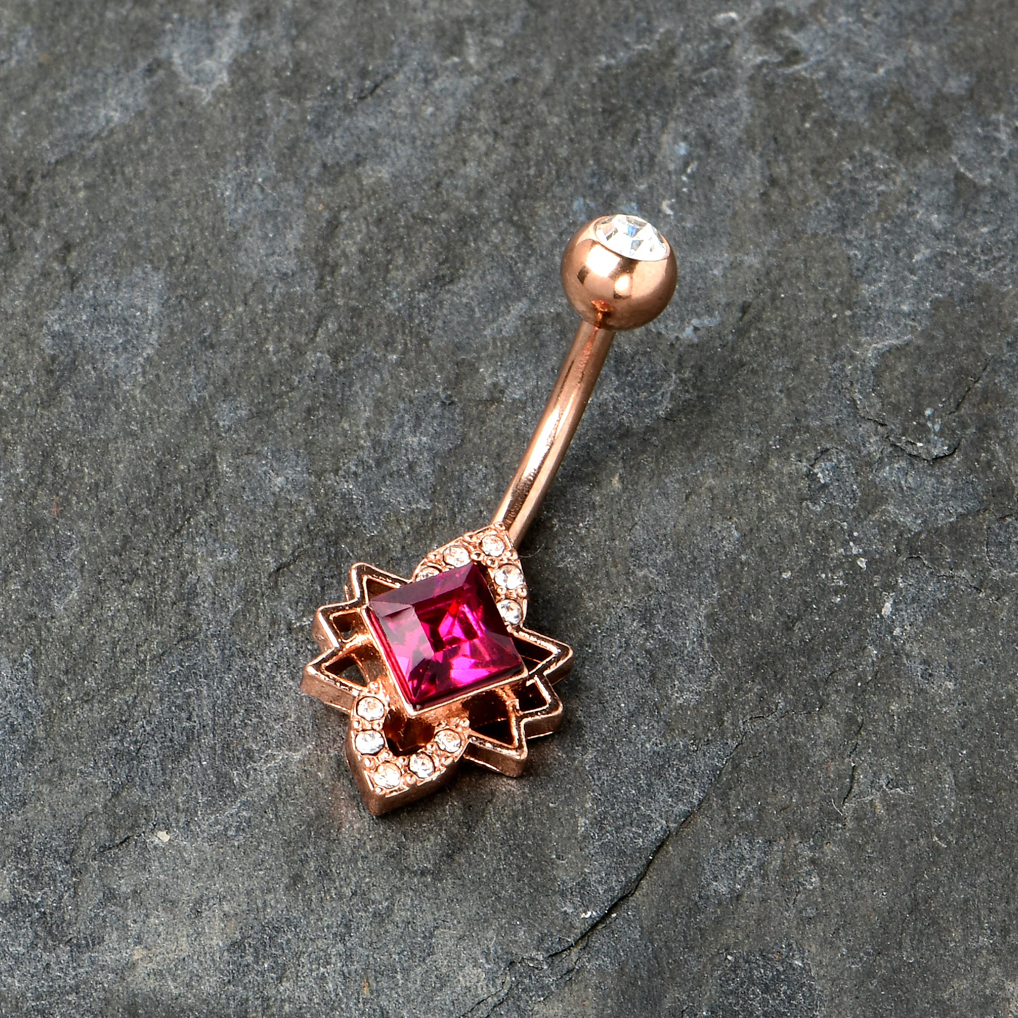 Clear Red Gem Rose Gold Tone Octagram Star Belly Ring - Image 4