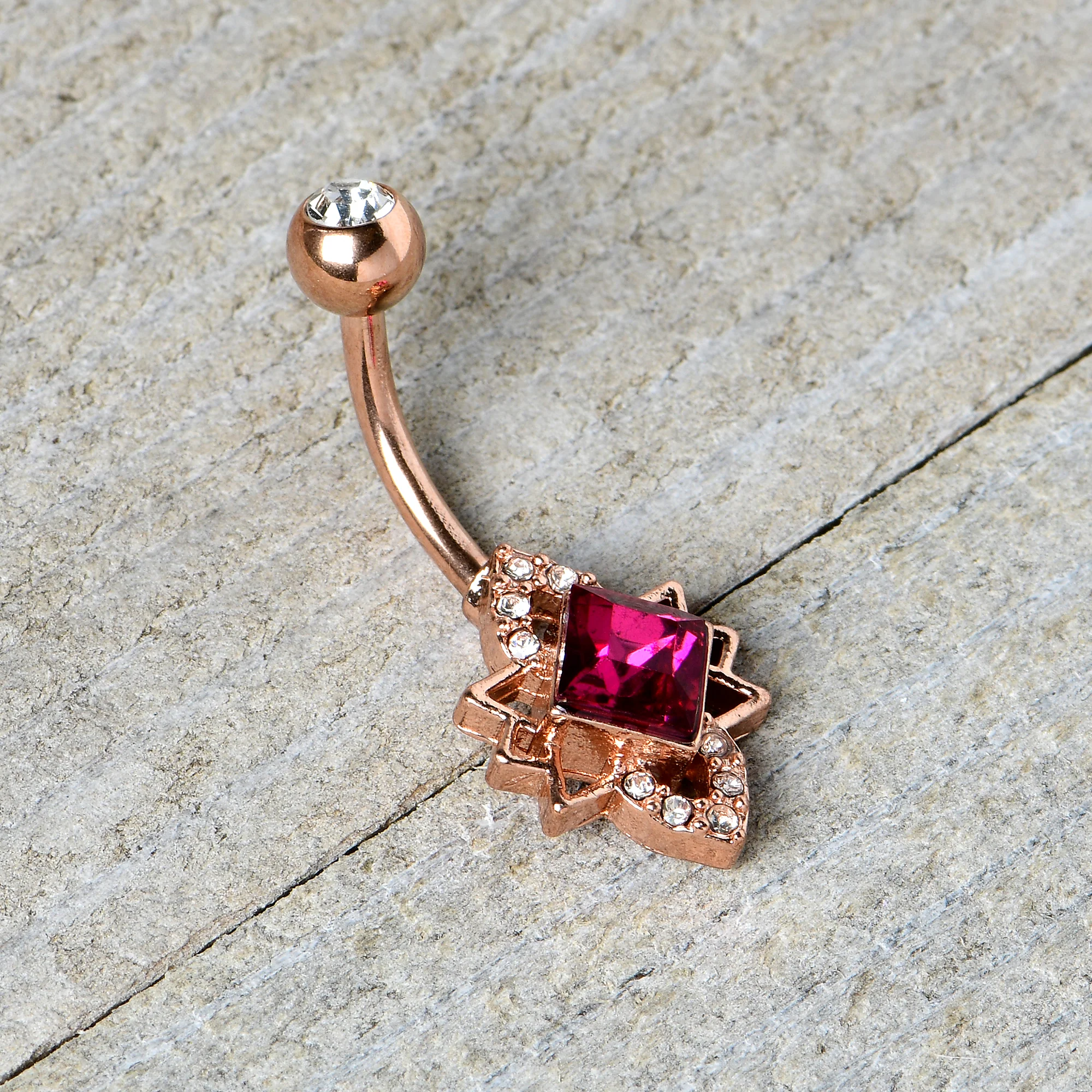Clear Red Gem Rose Gold Tone Octagram Star Belly Ring - Image 5