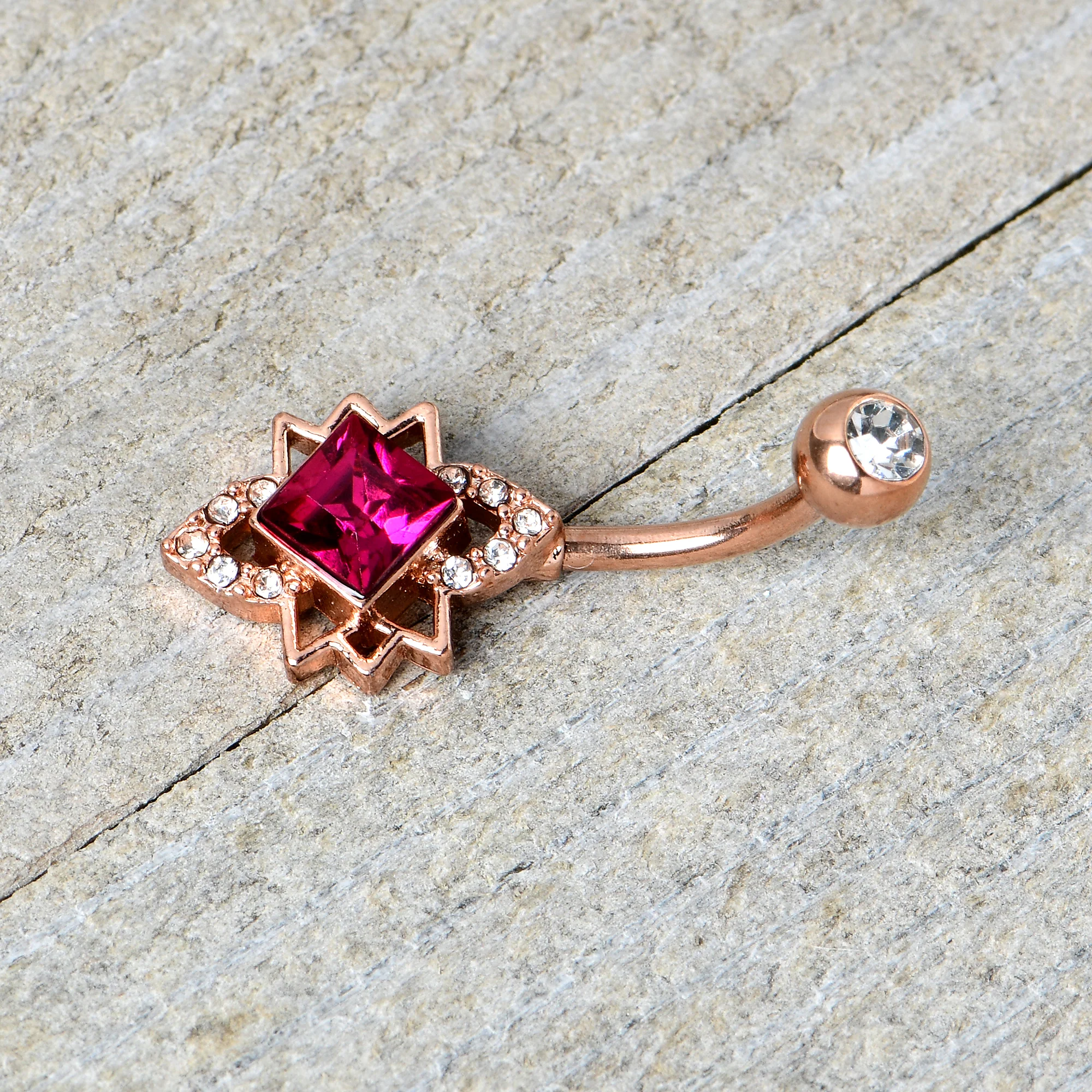 Clear Red Gem Rose Gold Tone Octagram Star Belly Ring - Image 7