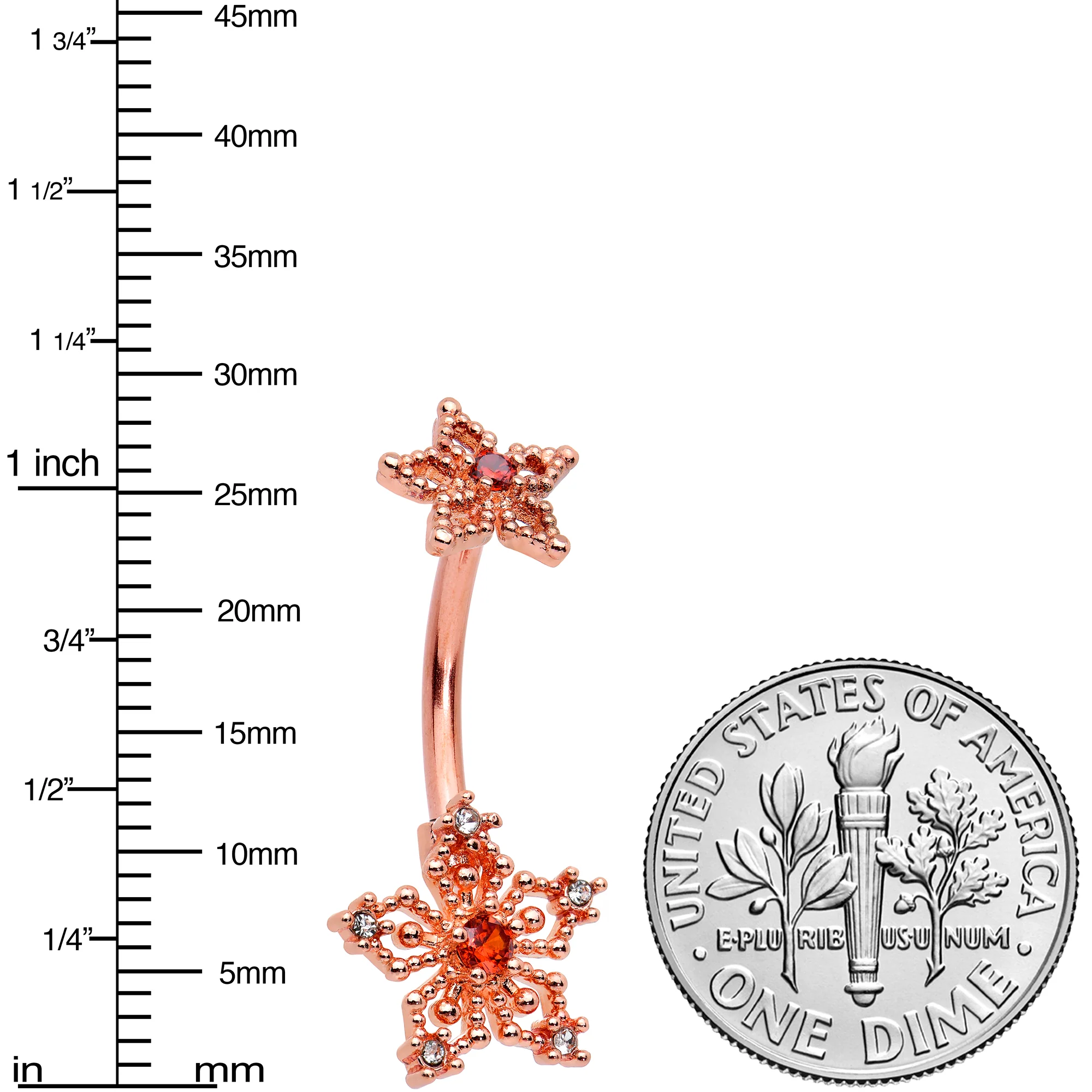 Clear Red Gem Rose Gold Tone Snowflake Star Double Mount Belly Ring - Image 2