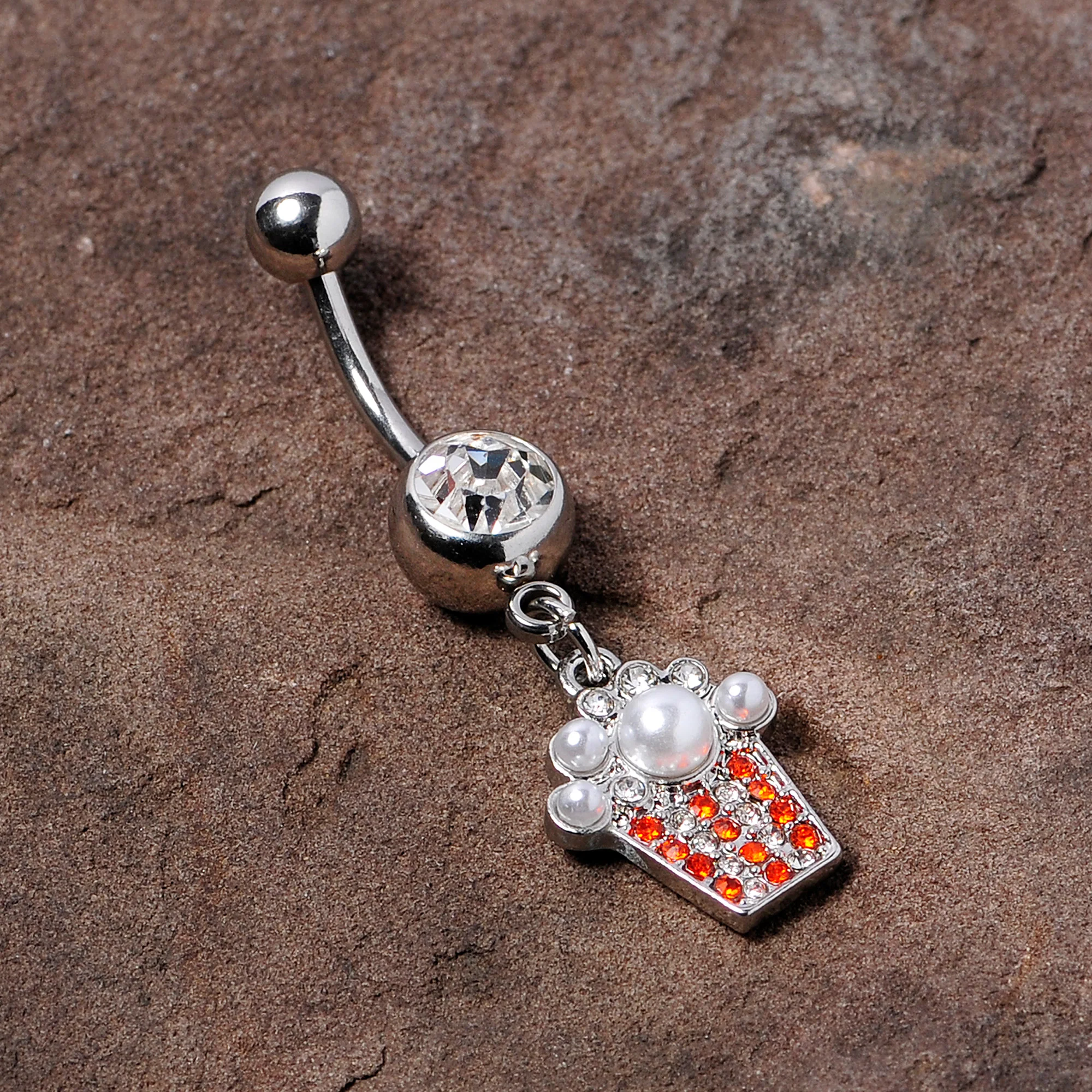 Clear Red Gem White Orb Movie Night Popcorn Dangle Belly Ring - Image 2