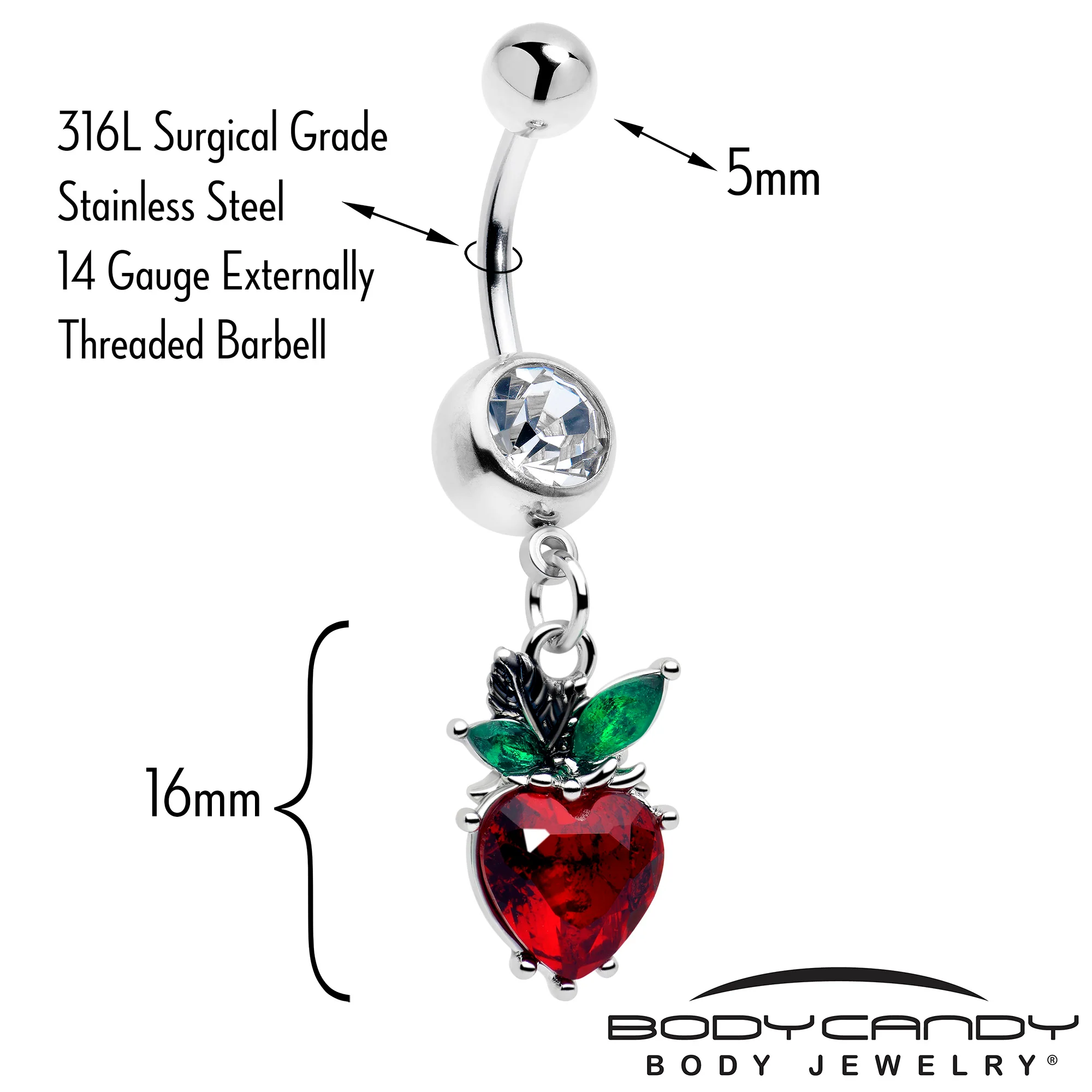 Clear Red Green Gem Strawberry Heart Dangle Belly Ring - Image 2