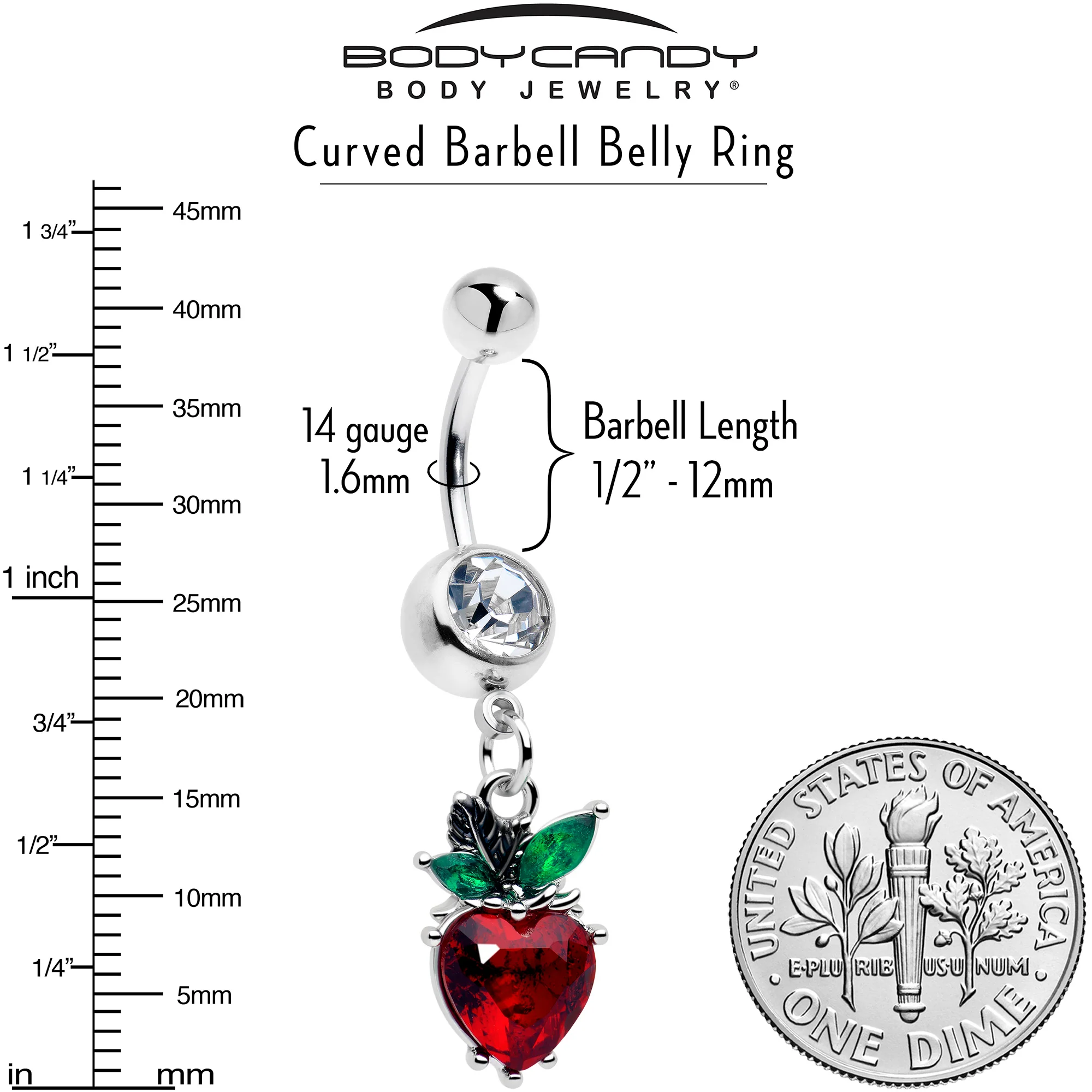 Clear Red Green Gem Strawberry Heart Dangle Belly Ring - Image 3