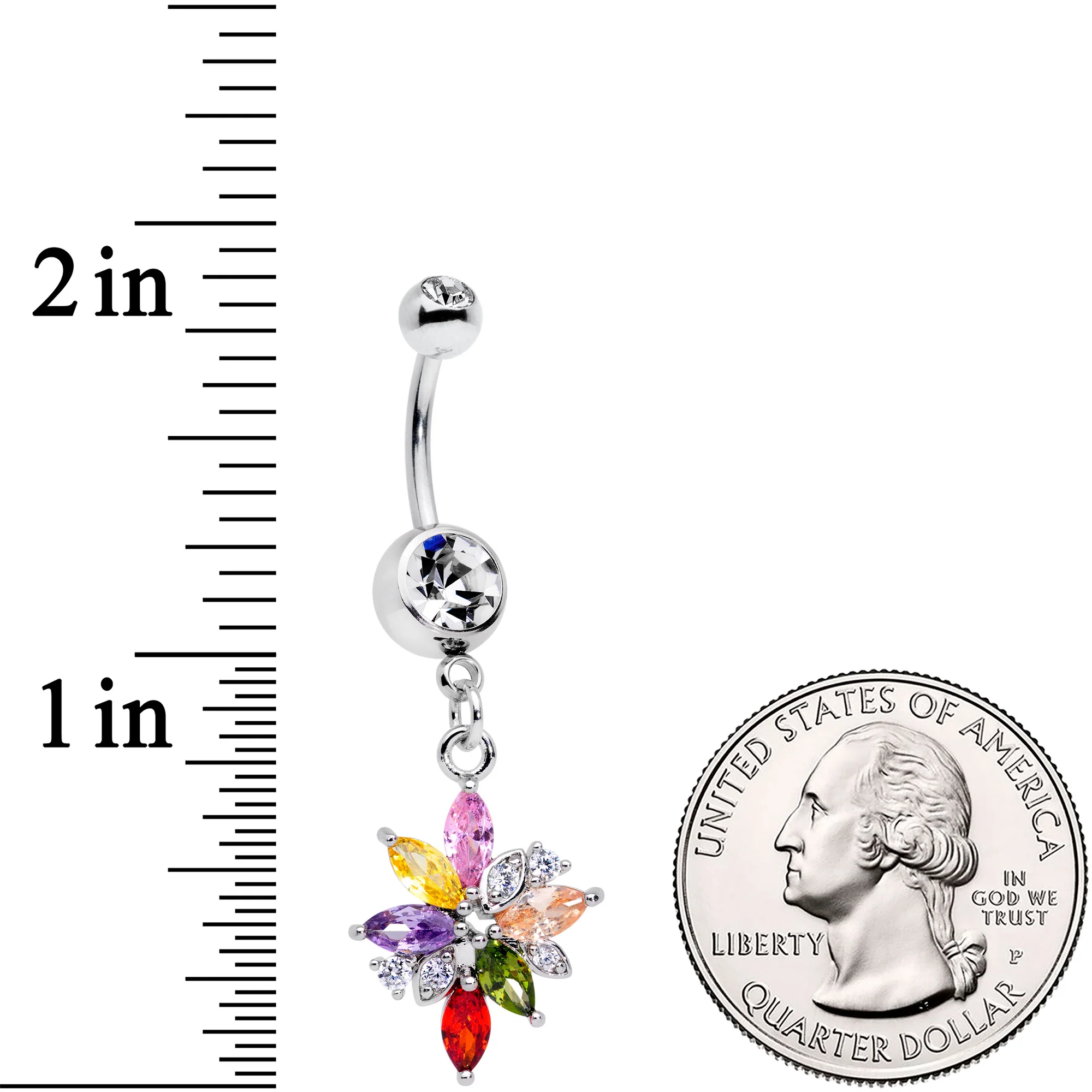 Clear Red Pink Gem Cluster Dangle Belly Ring - Image 2