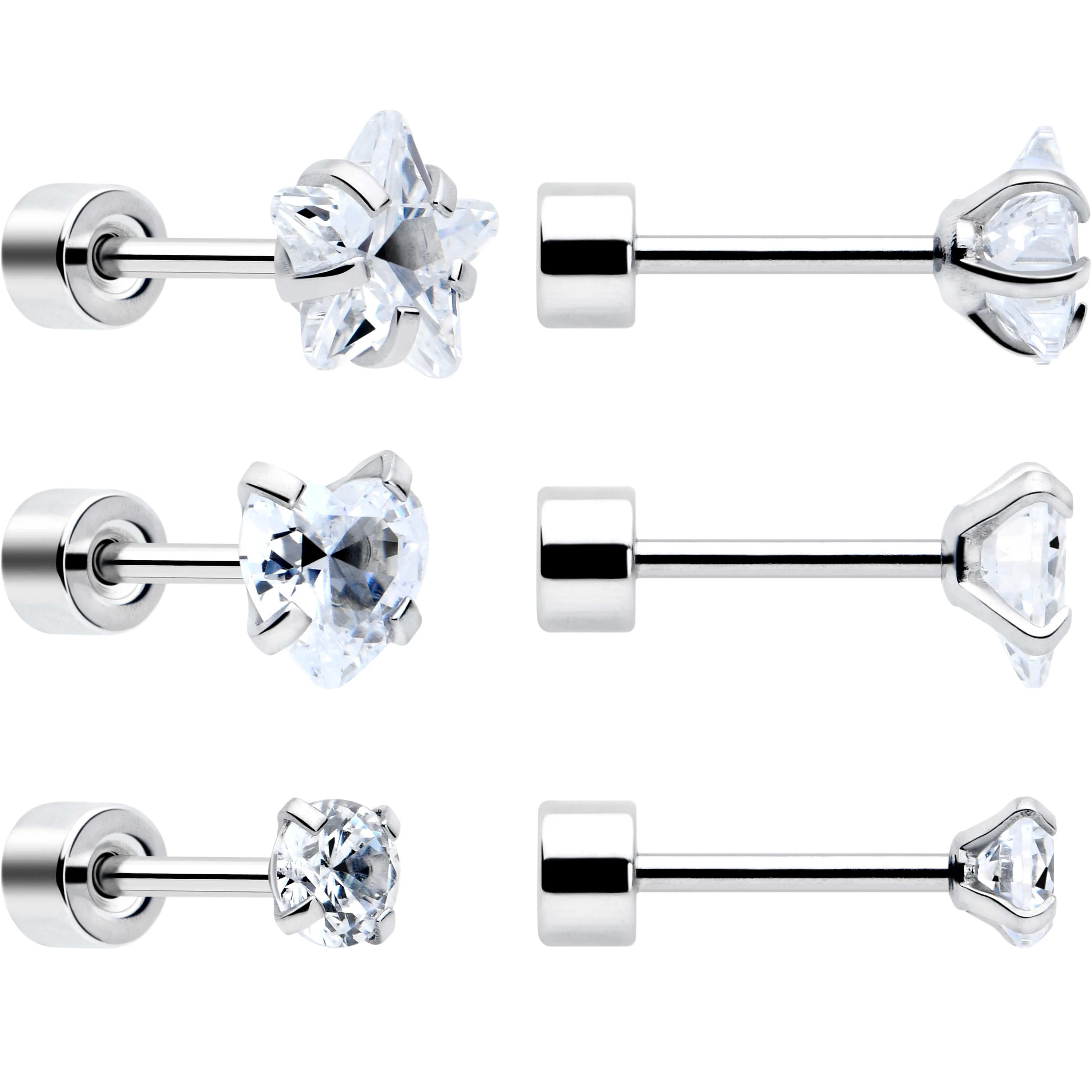 Clear Simplistic Heart Star CZ Flat Back Stud Earrings - 3 Pairs - Image 2