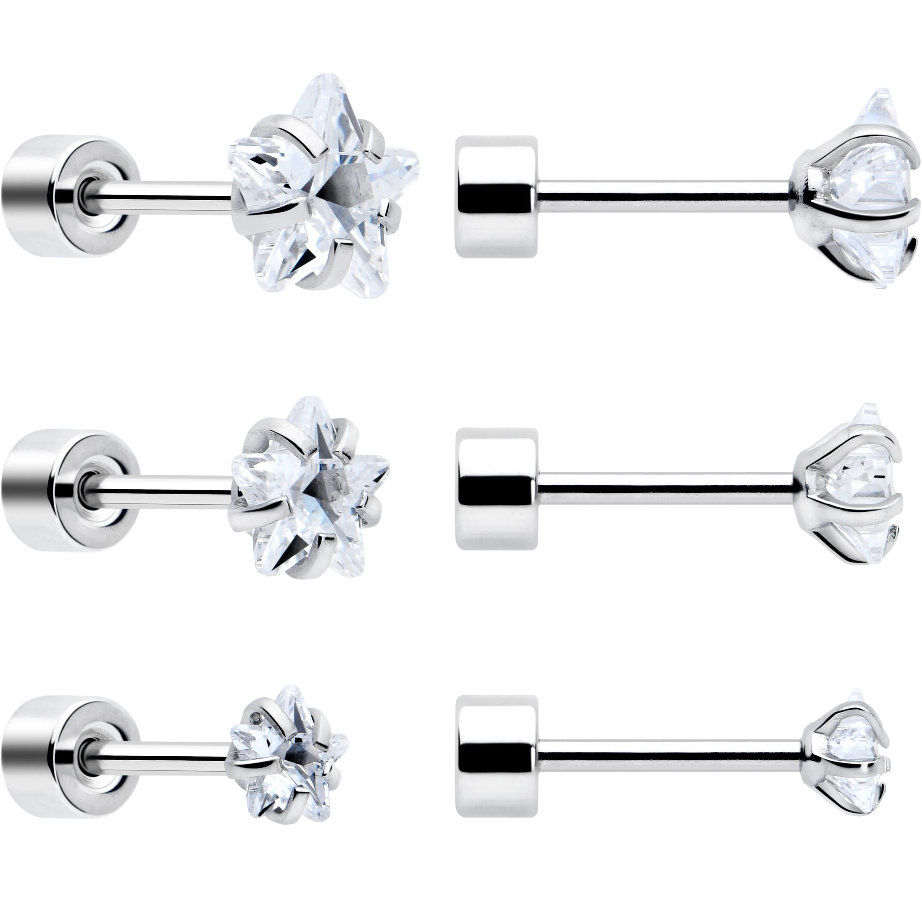 Clear Star CZ Flat Back Stud Earrings - 3 Pairs - Image 2