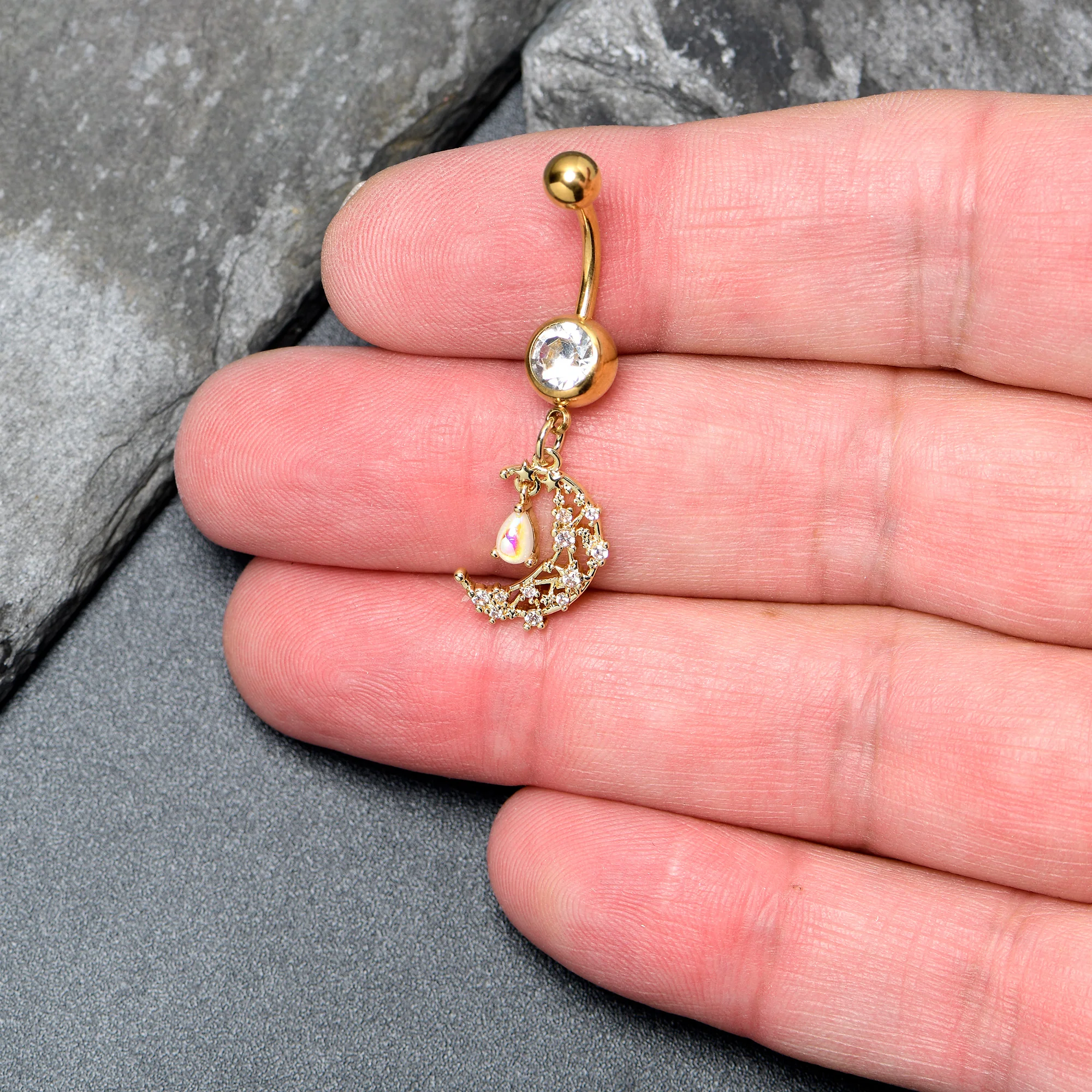 Clear White Gem Gold Tone Constellation Moon Dangle Belly Ring - Image 2