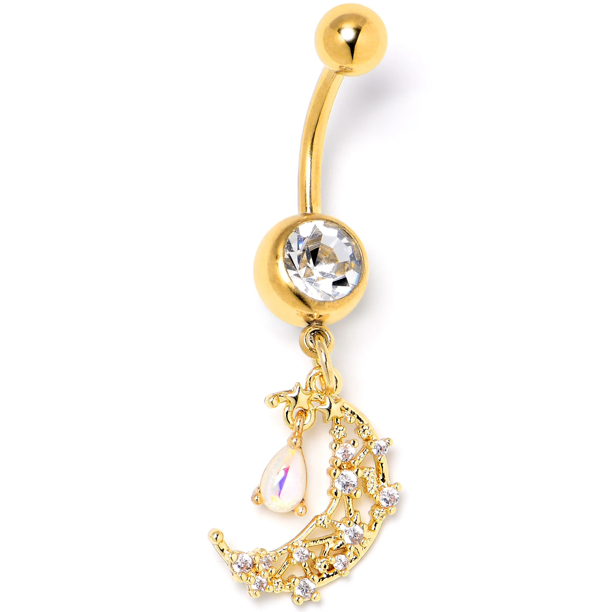 Clear White Gem Gold Tone Constellation Moon Dangle Belly Ring - Image 3