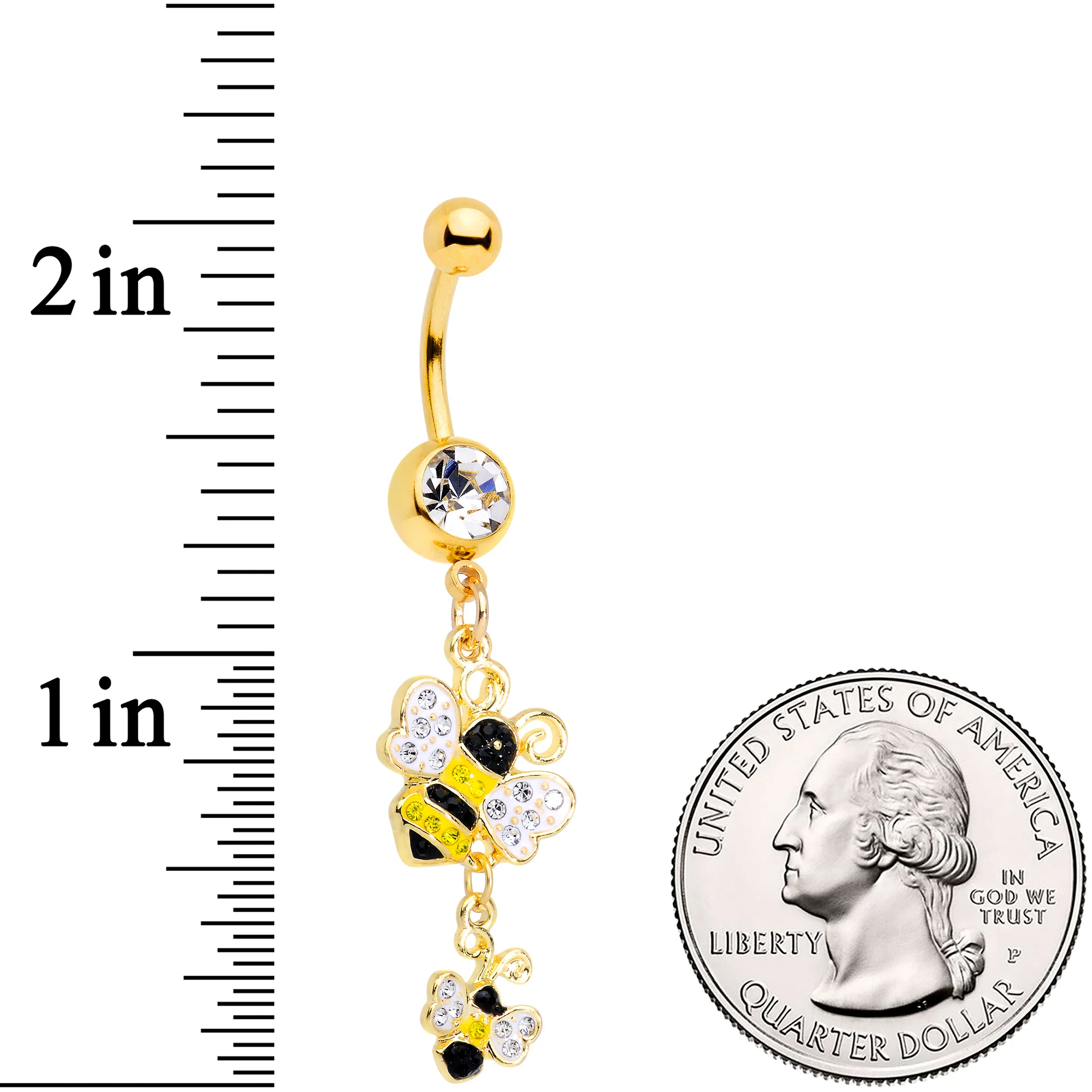 Clear Yellow Black Gem Gold Tone Happy Honey Bees Dangle Belly Ring - Image 2