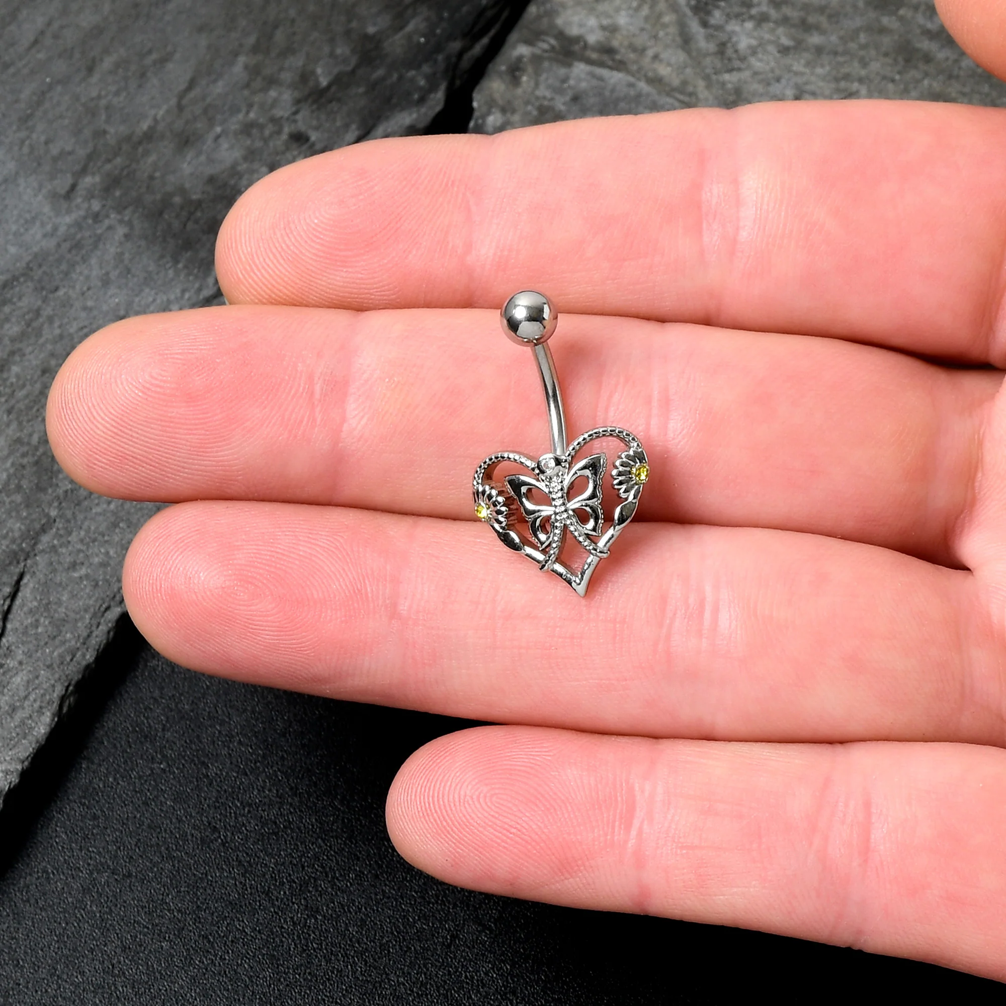 Clear Yellow CZ Gem Heart Flower Butterfly Belly Ring - Image 2