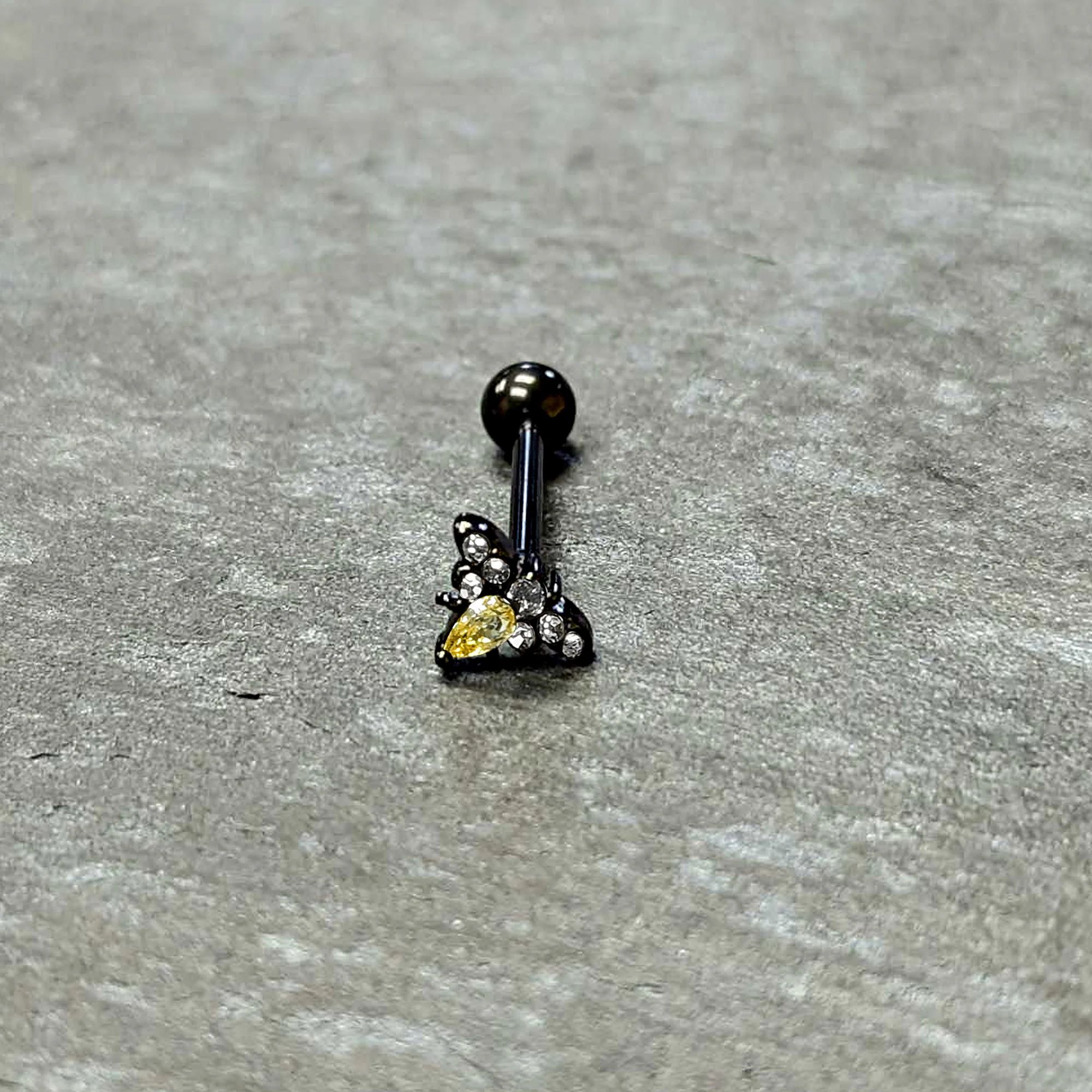 Clear Yellow Gem Black Butterfly Barbell Tongue Ring - Image 6