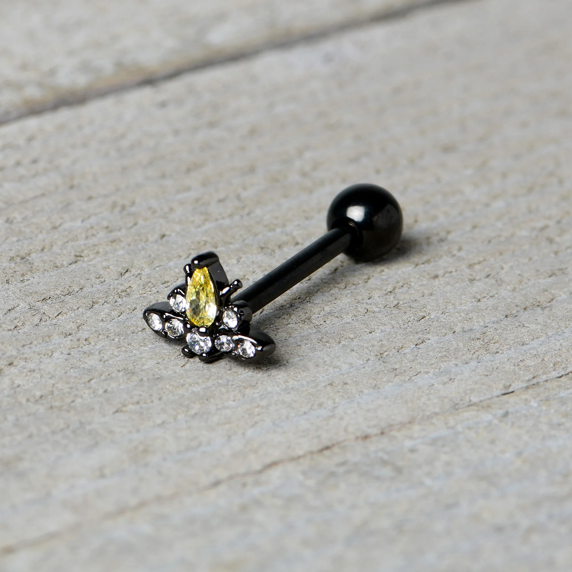 Clear Yellow Gem Black Butterfly Barbell Tongue Ring - Image 7