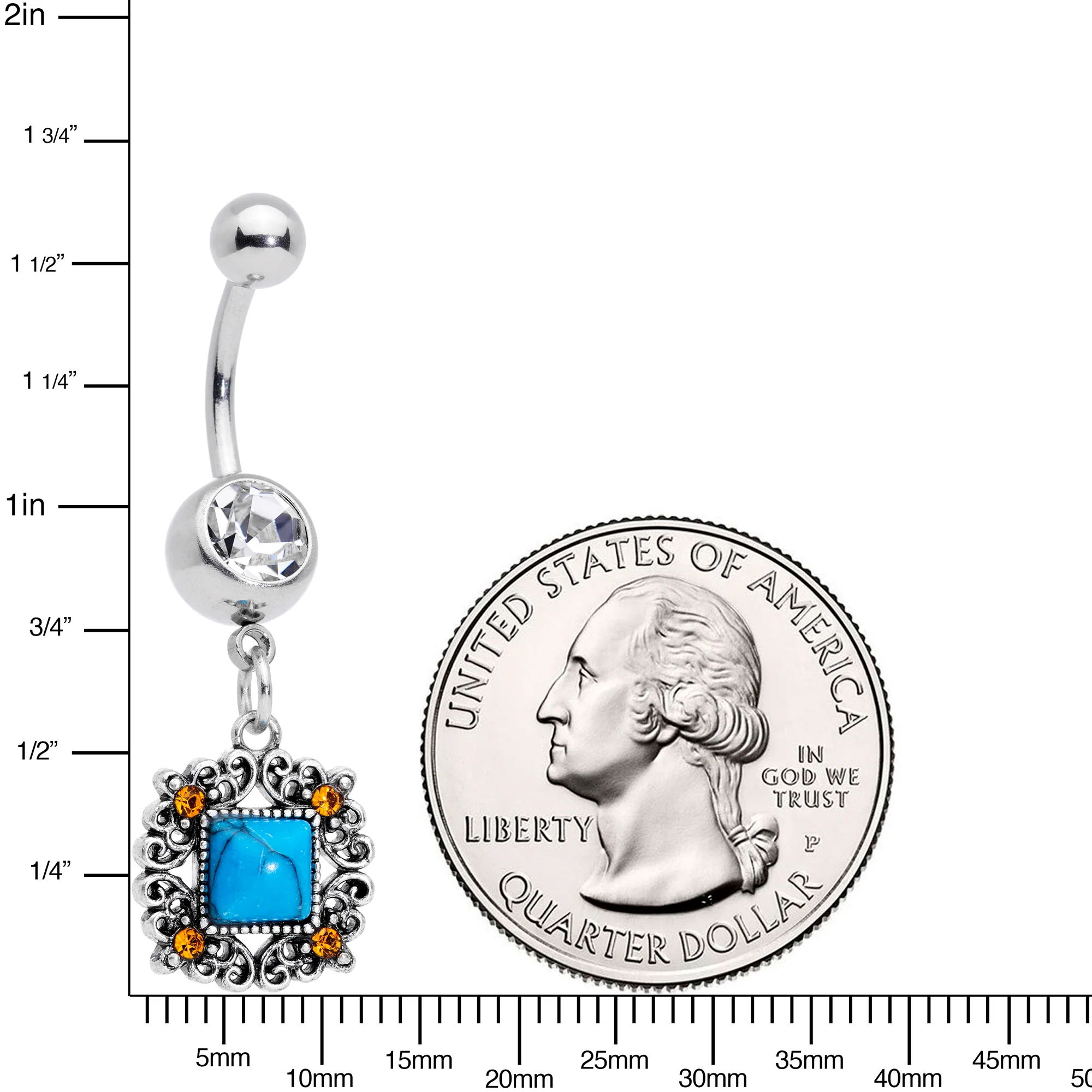 Clear Yellow Gem Blue Faux Turquoise Square Dangle Belly Ring - Image 2