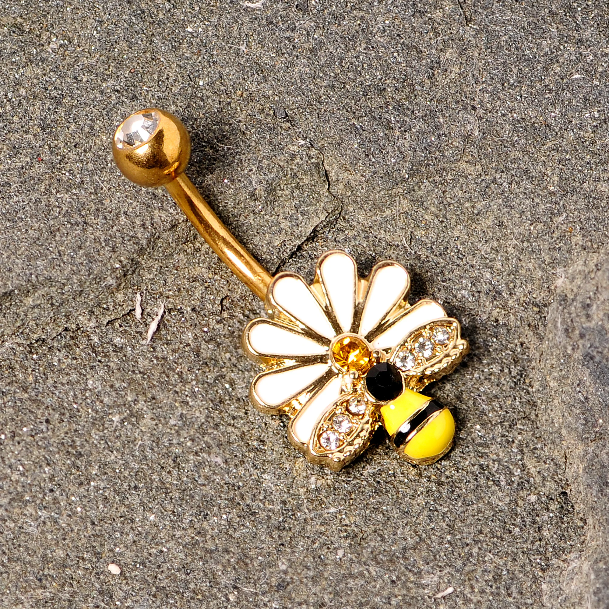 Clear Yellow Gem Gold Tone Daisy Bee Belly Ring - Image 2