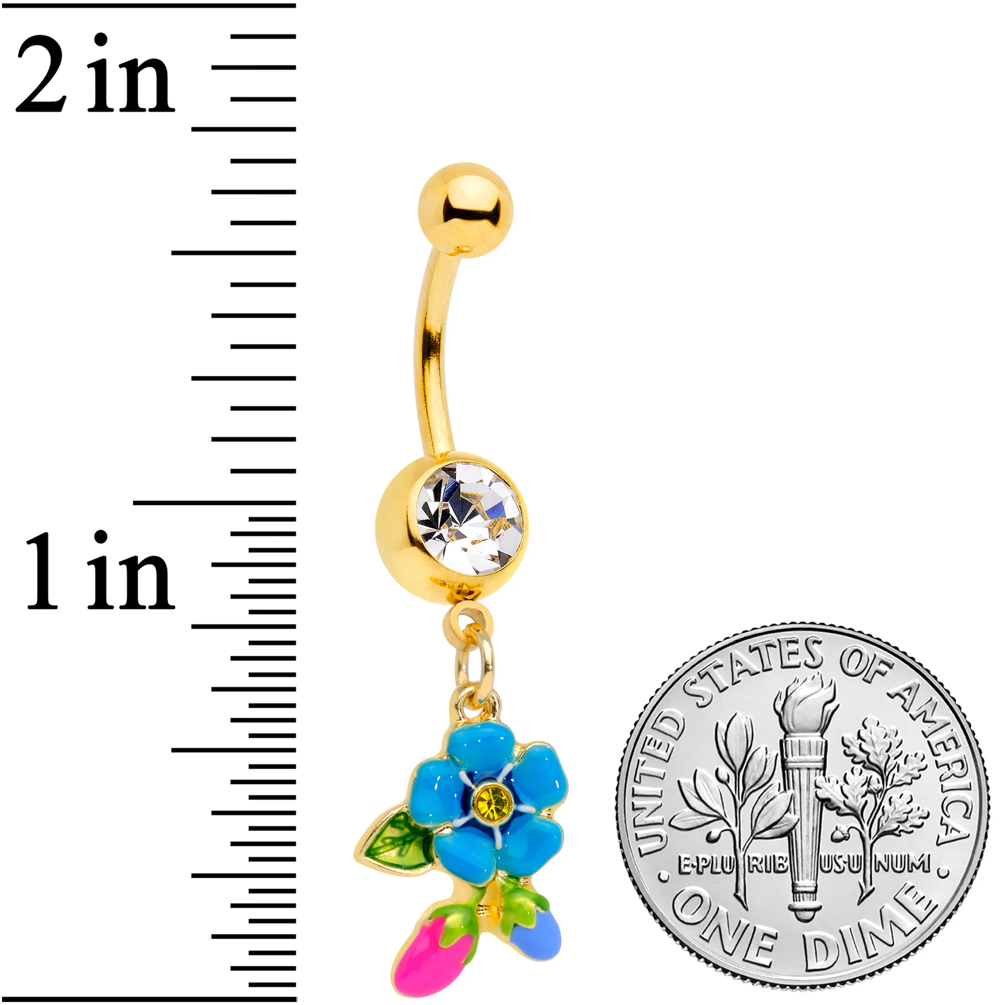 Clear Yellow Gem Gold Tone Neon Flower Dangle Belly Ring - Image 2