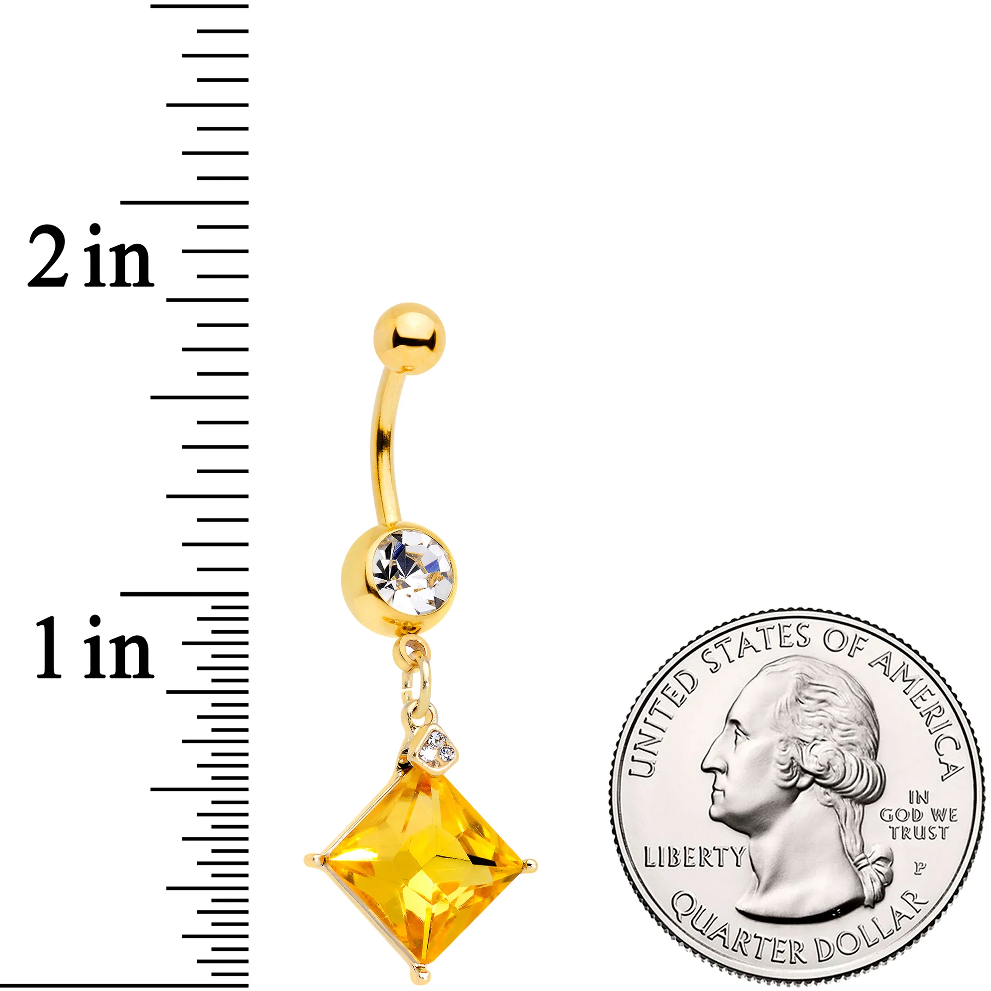 Clear Yellow Gem Gold Tone Rhombus Dangle Belly Ring - Image 2