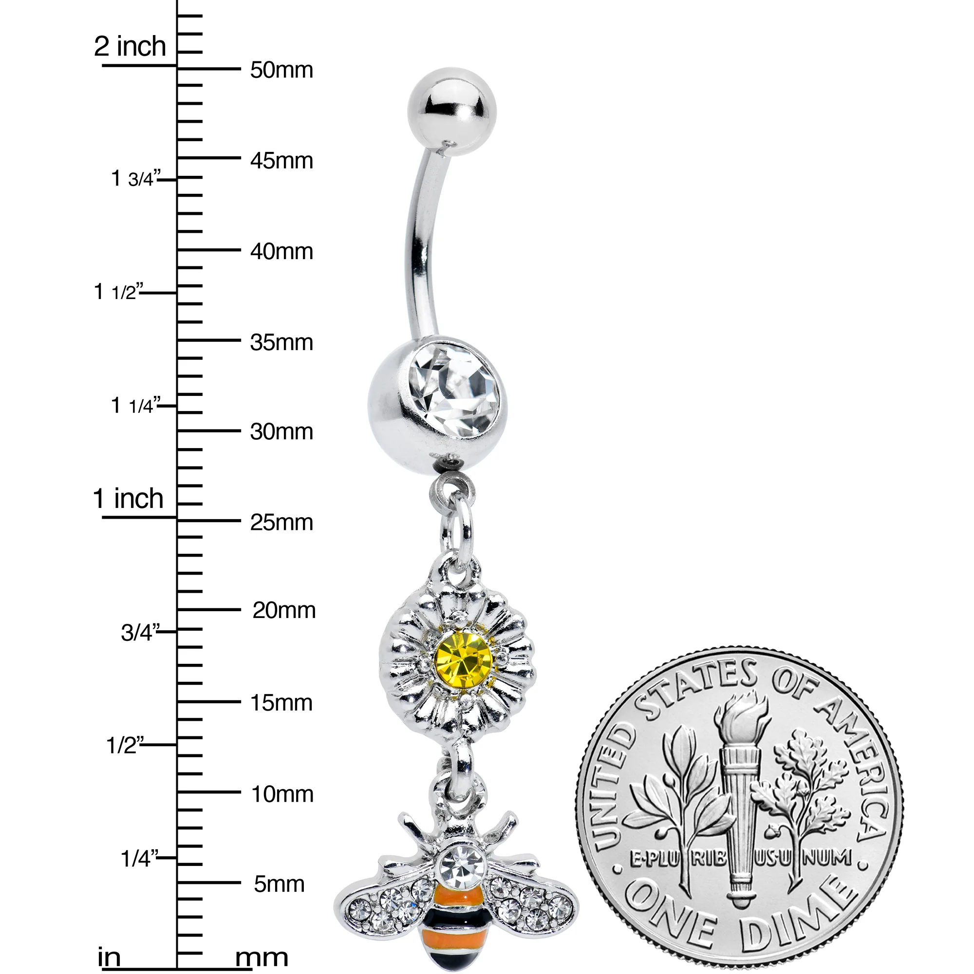 Clear Yellow Gem Striped Bee Daisy Flower Dangle Belly Ring - Image 2
