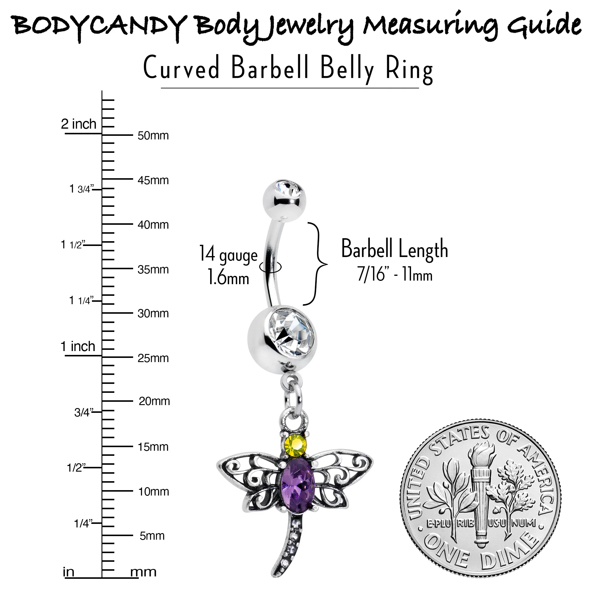 Clear Yellow Purple Gem Dragonfly Dangle Belly Ring - Image 3
