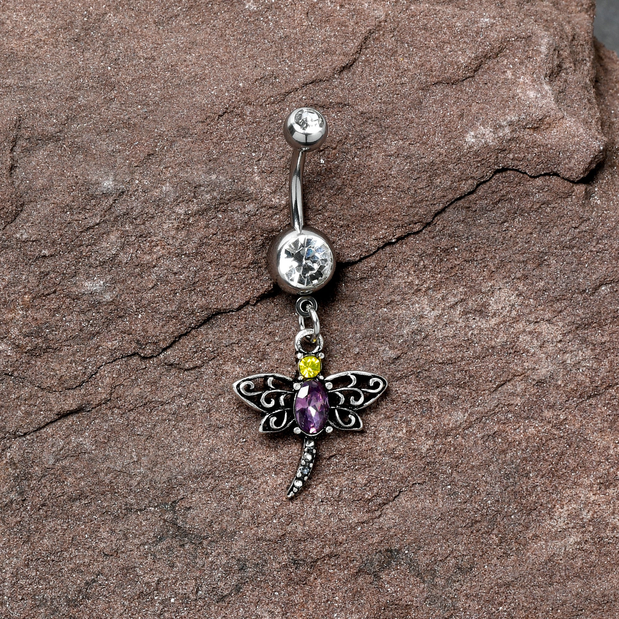 Clear Yellow Purple Gem Dragonfly Dangle Belly Ring - Image 4
