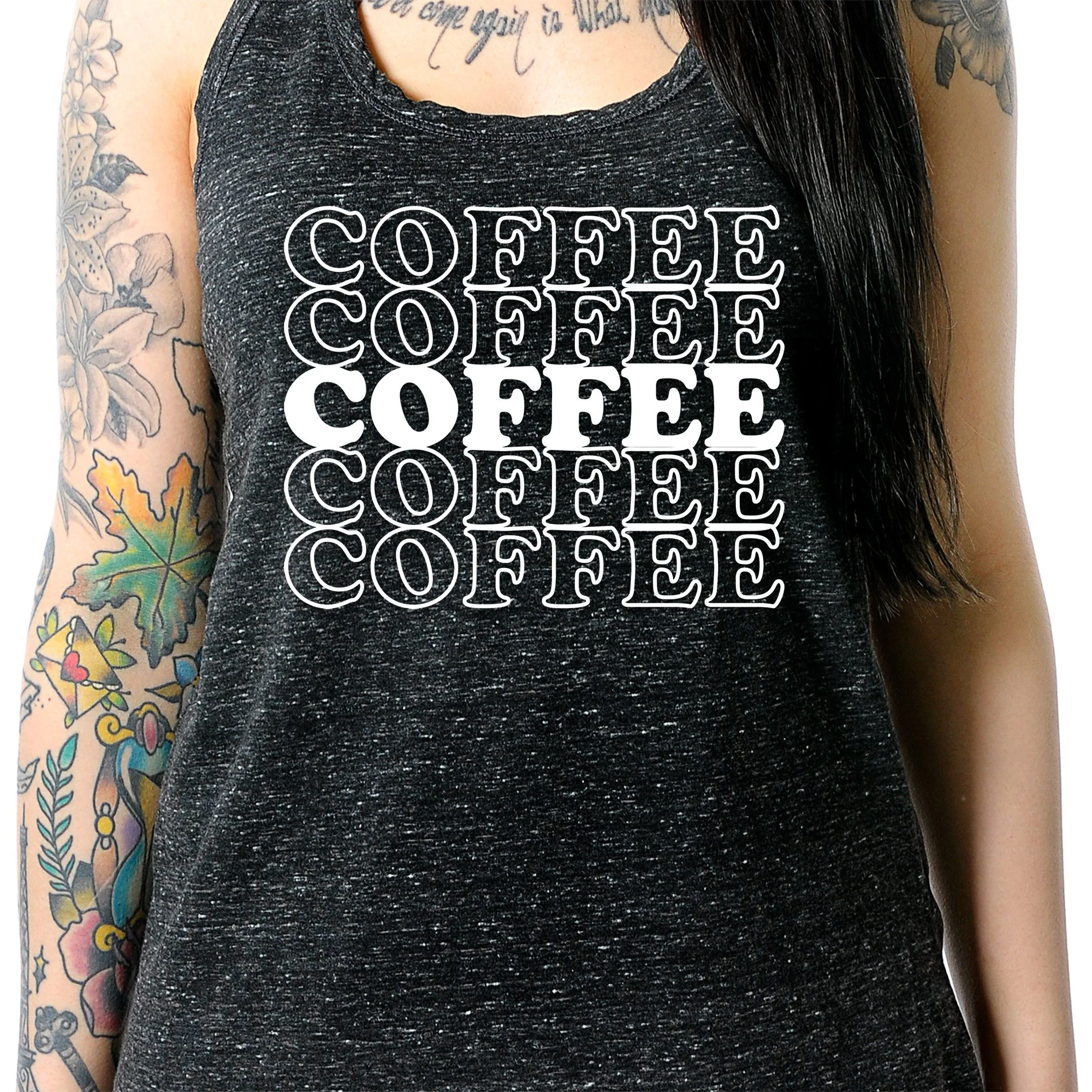 Coffee Coffee Coffee Coffee Coffee Black Gray Cosmic Twist Back Tank Top - Image 3