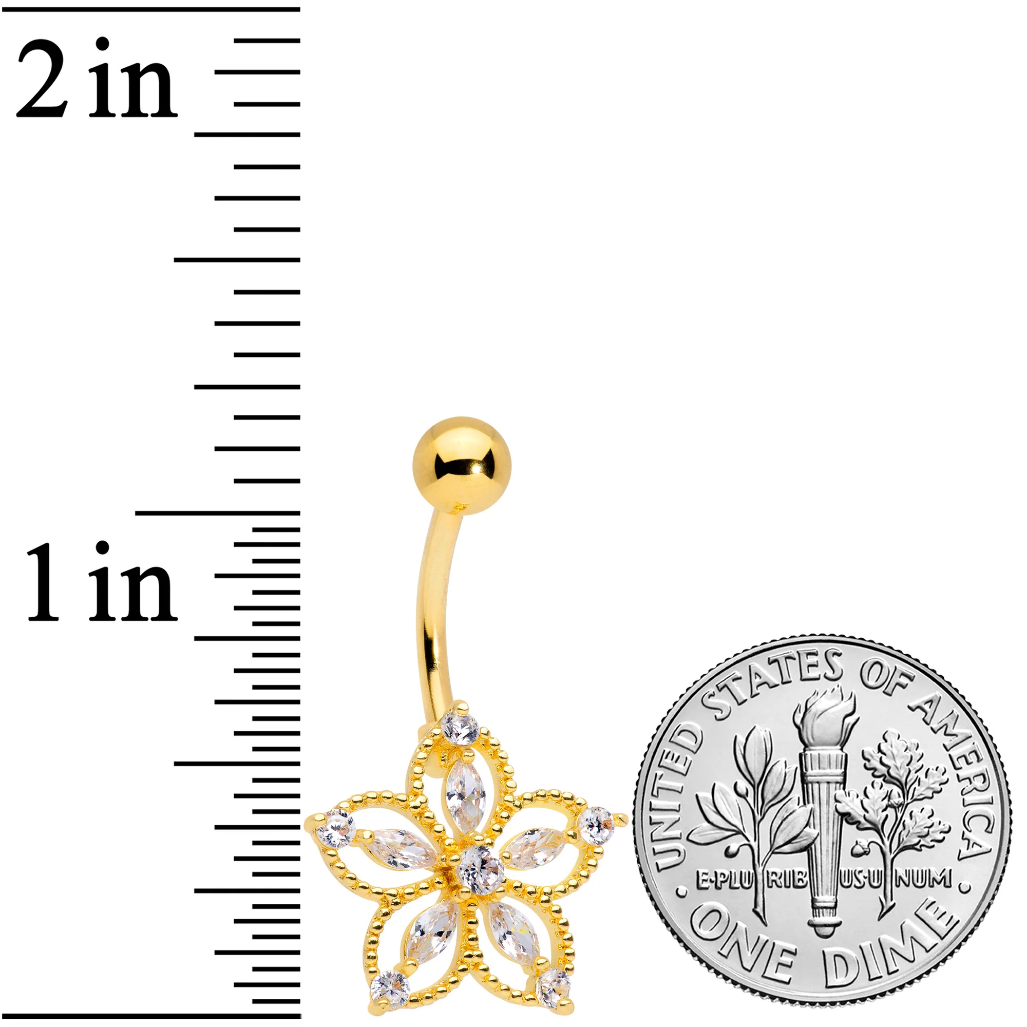 Color CZ Gem Gold Tone Airy Flower Belly Ring - Image 2