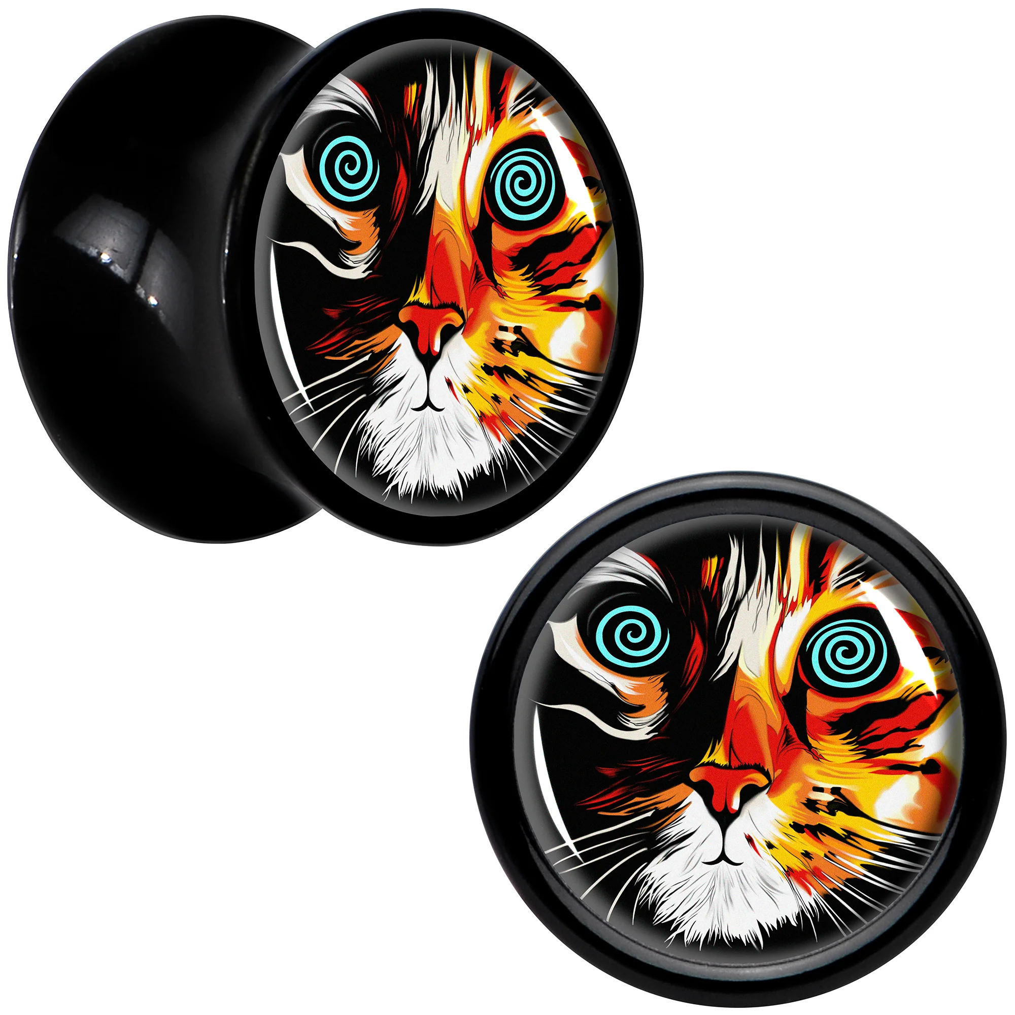Colorful Trippy Cat Black Acrylic Saddle Plug Set 8mm to 20mm by Onyx O - Image 6